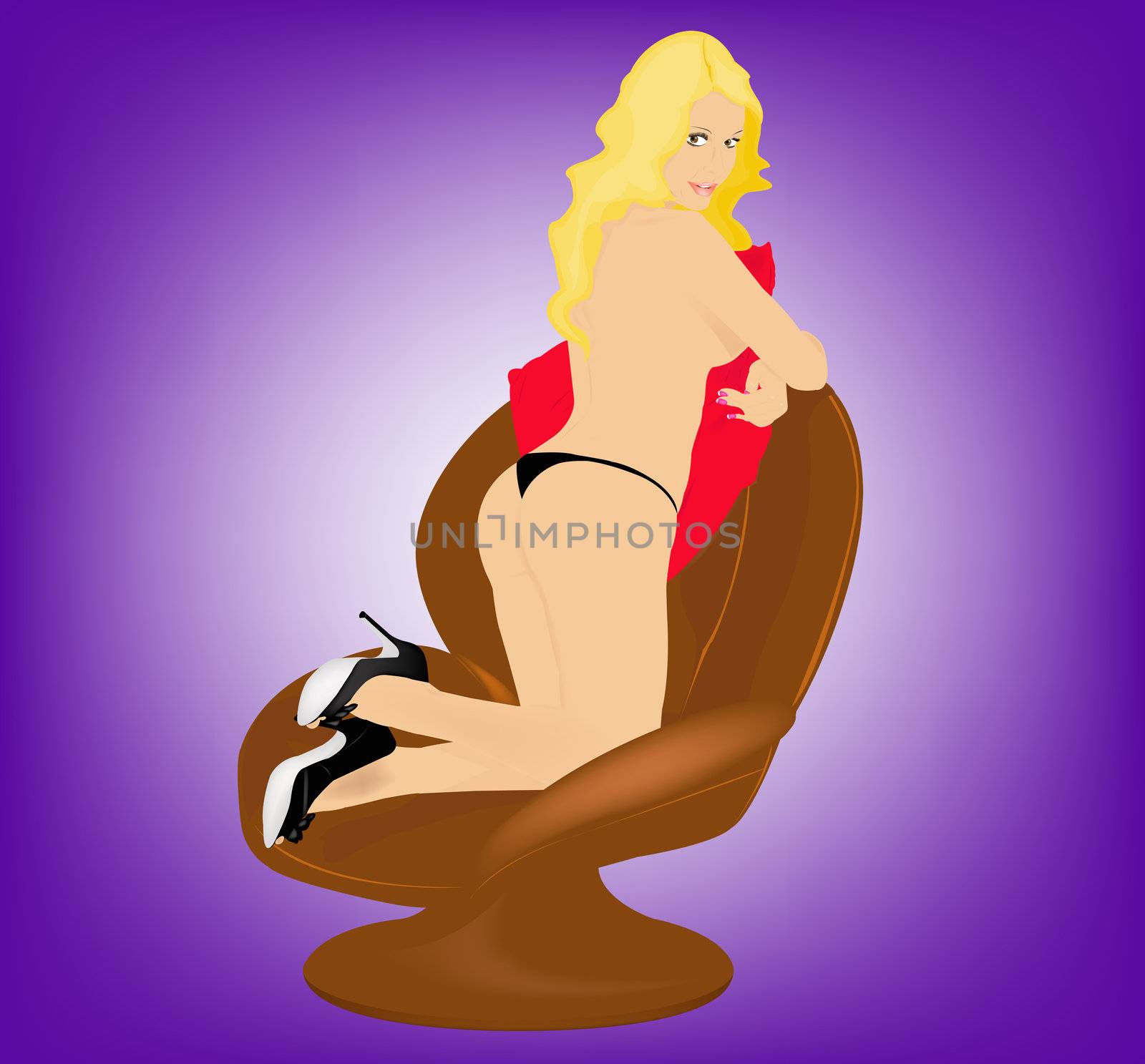 The romantic sexual girl in a leather armchair on a violet background