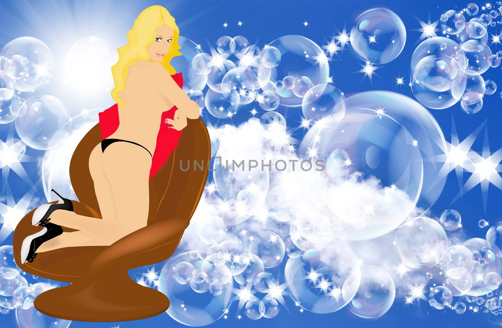 The romantic sexual girl in a leather armchair in soap bubbles in the blue sky
