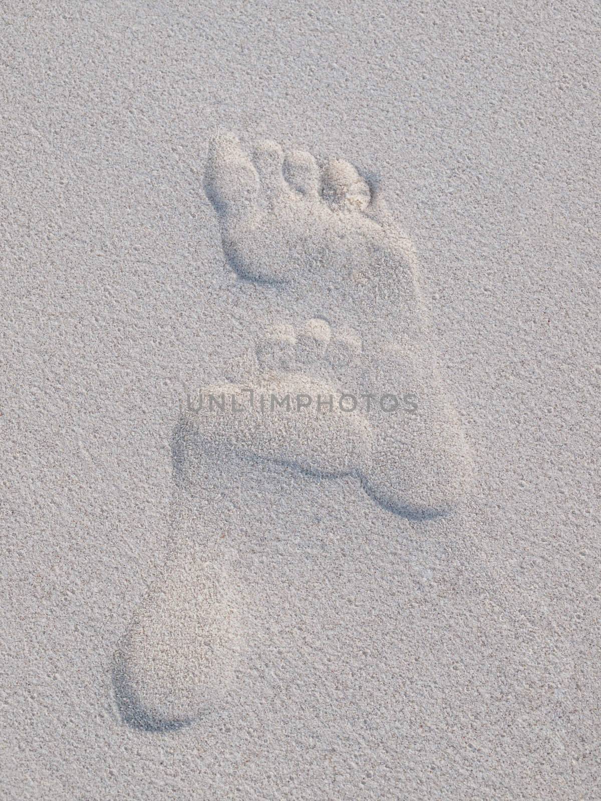 Closeup of fooprints on a sandy beach