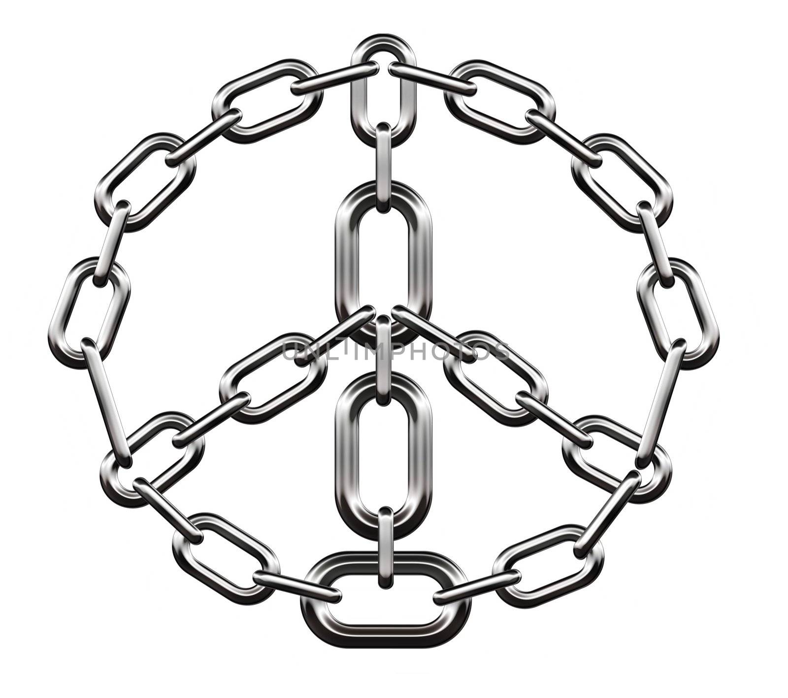 Close-up of large shiny welded metal chain links over white background
