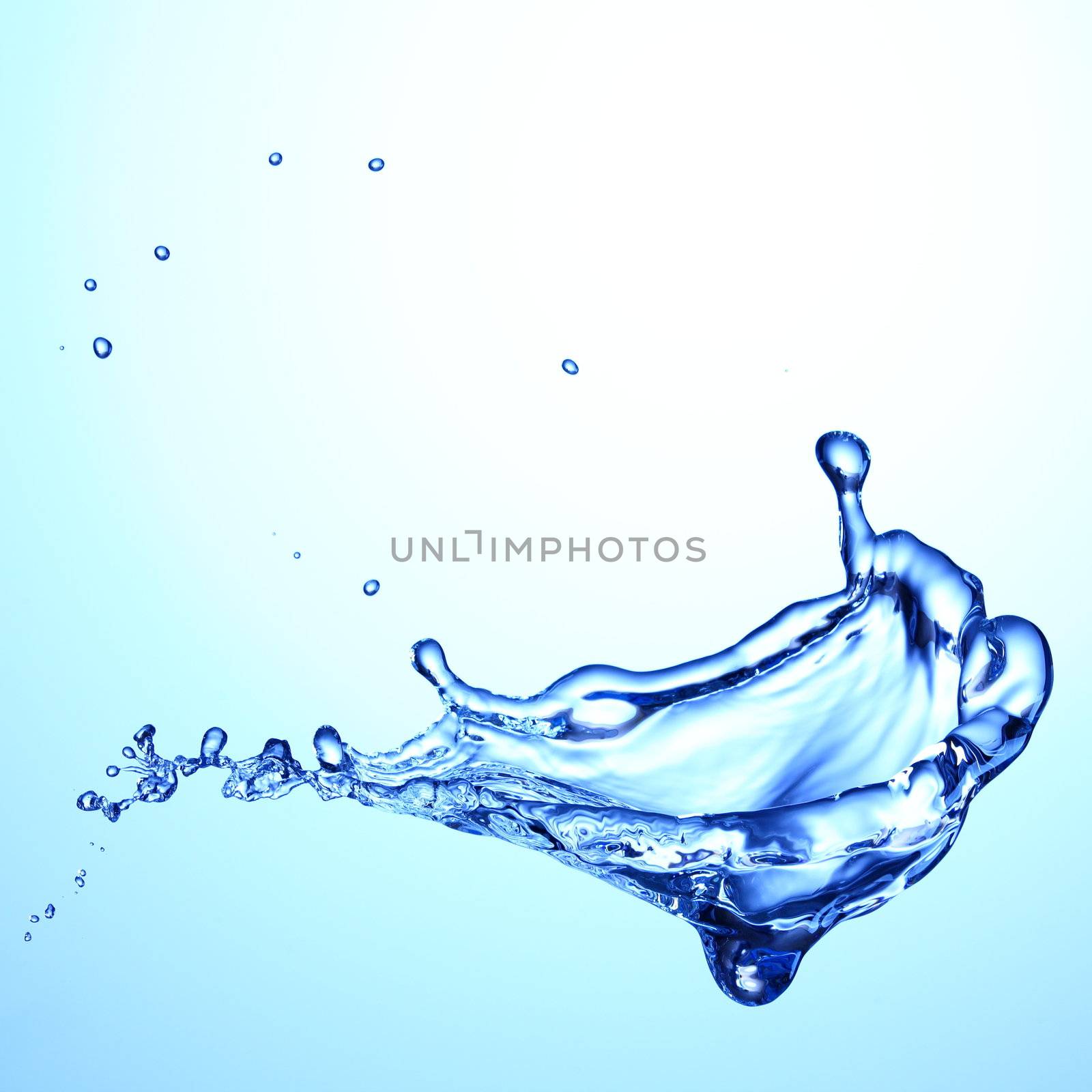 Water splash. Blue water splash closeup texture background with copy space. Blue and white background. Photo.