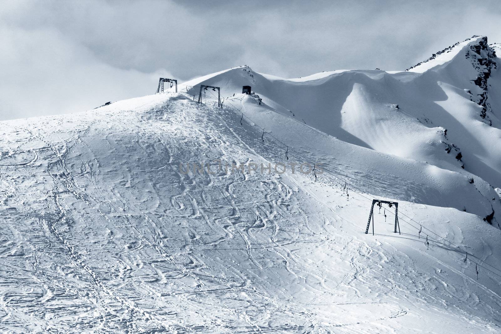 Ski lift. Elbrus Mount - the highest point of Europe from Cheget Mount