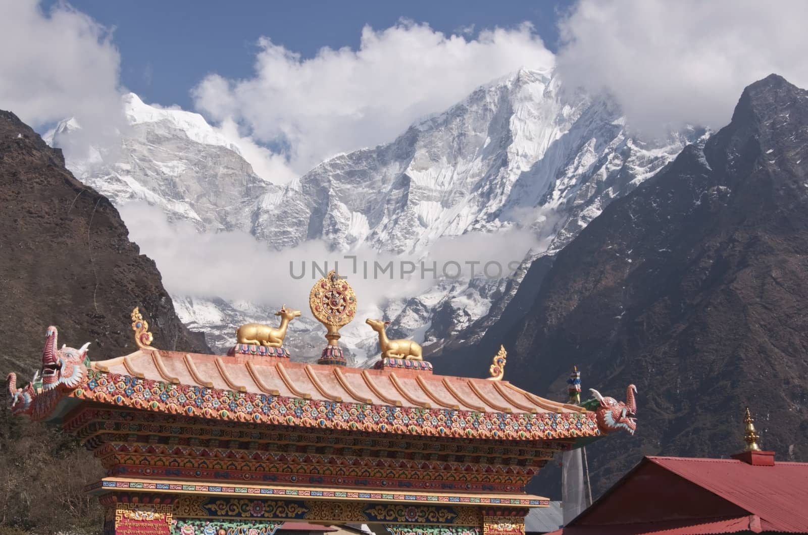 Entrance to Buddhist Monastery at Tengboche (3860 Metres) on the trekking route to Everest Base Camp. Himalaya Mountains, Nepal