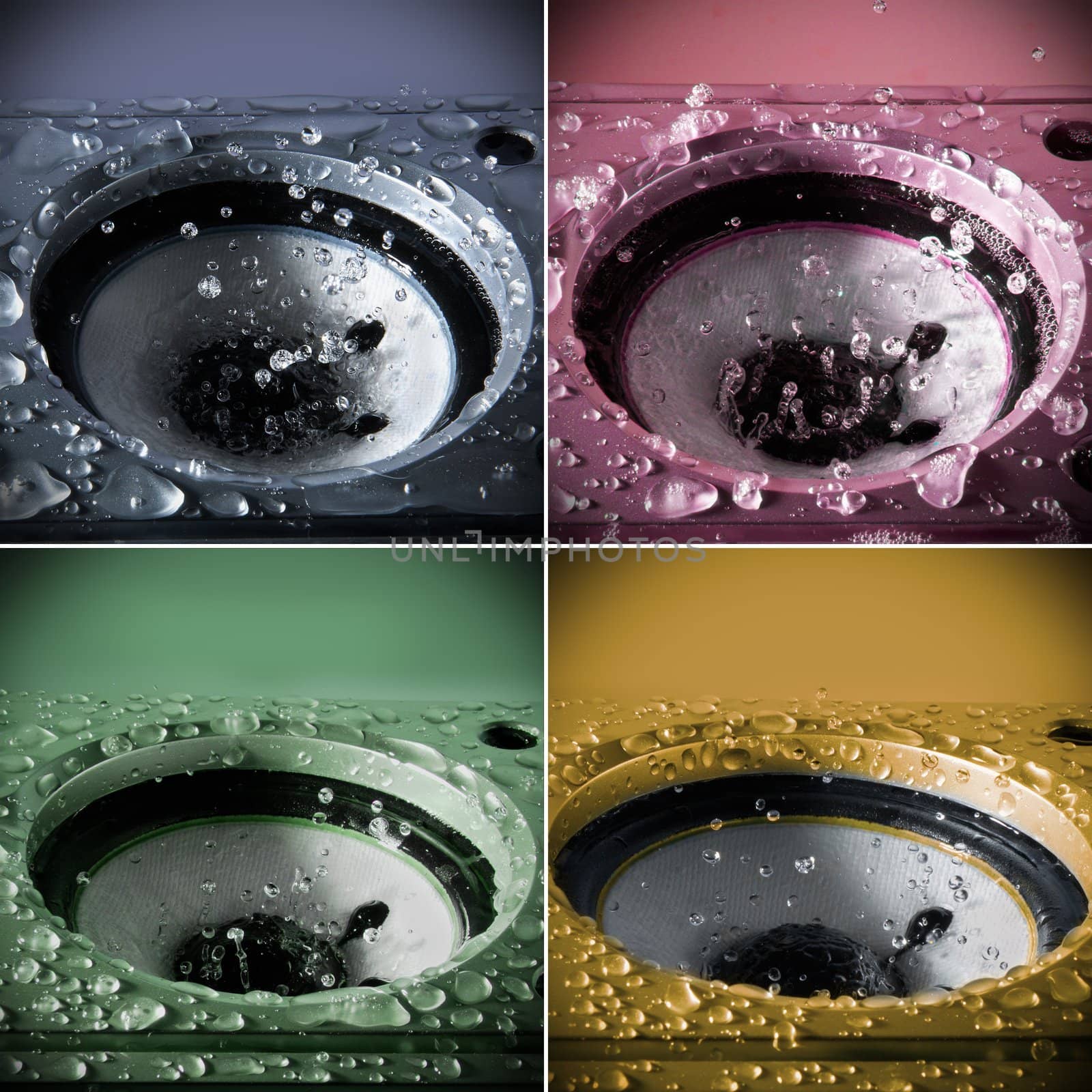 Music column splashing out drops of water a sound. Collection.  Isolated on a different colors  background
