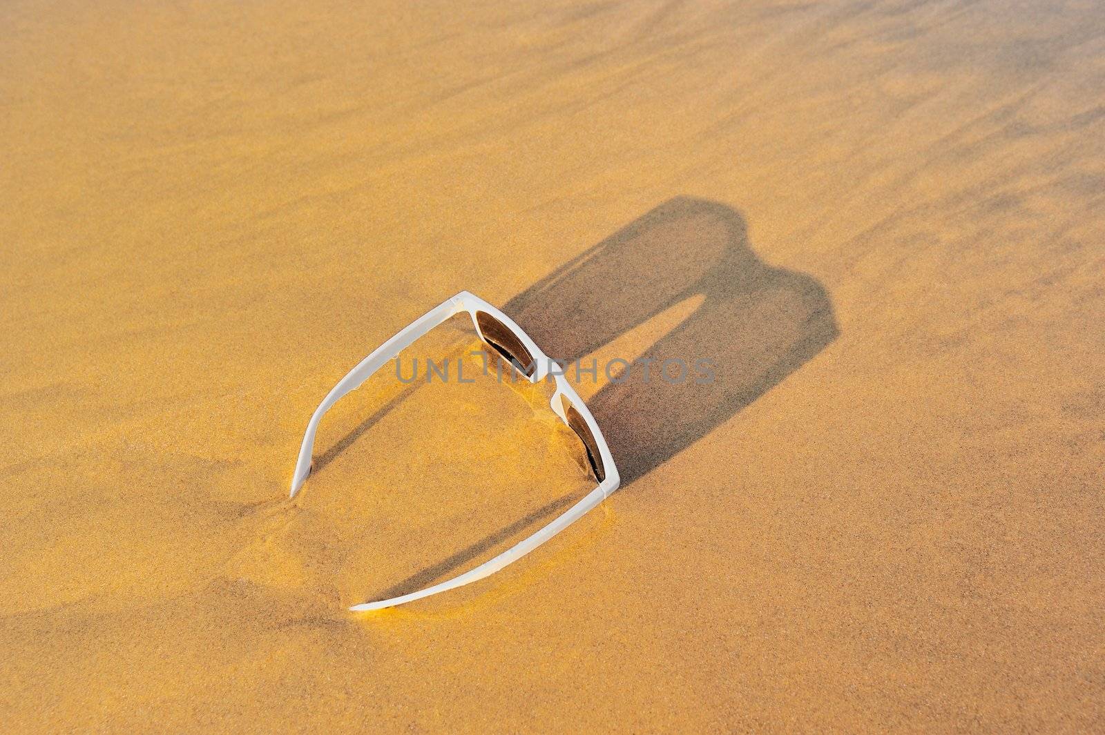 Sun glasses on the sandy beach at the sea