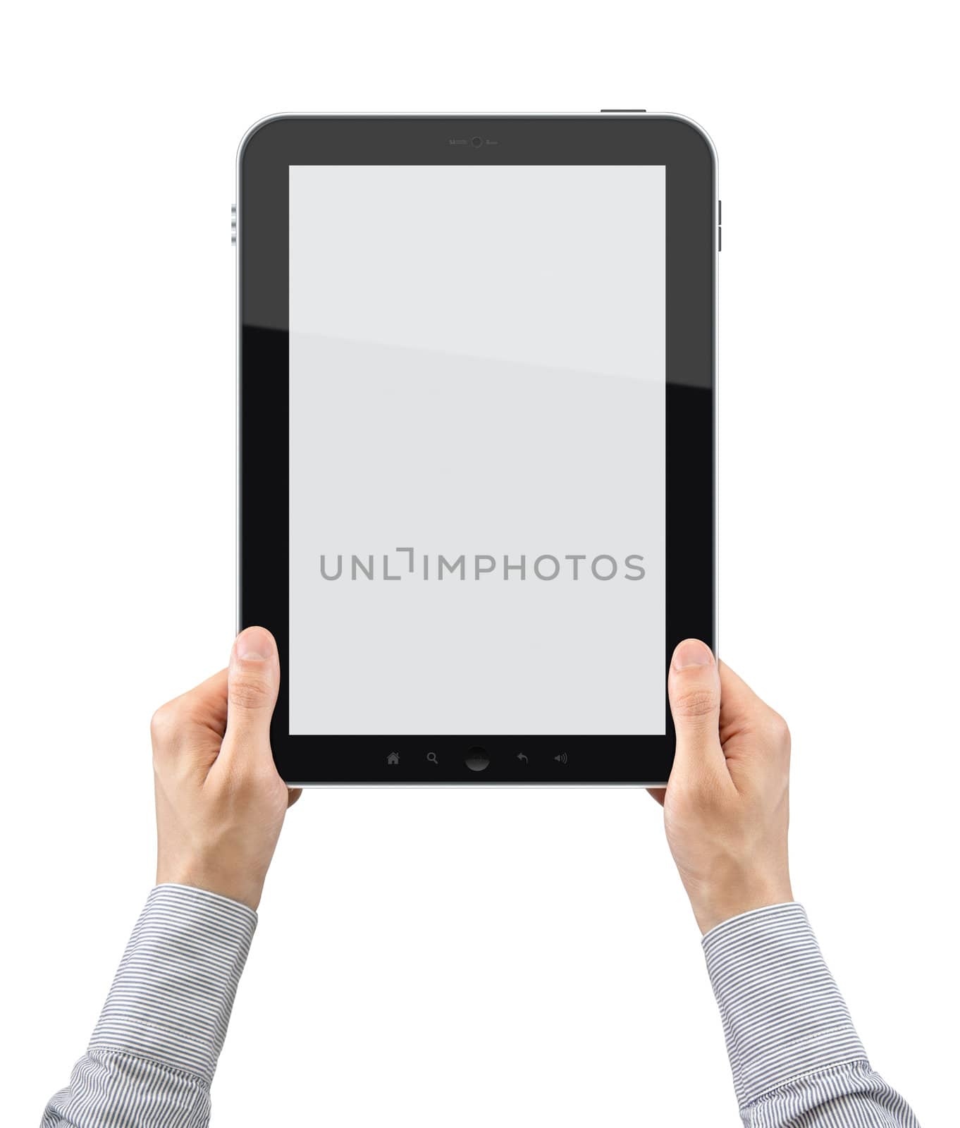 Hands are holding the touch screen device. Vertical composition. Isolated on white.