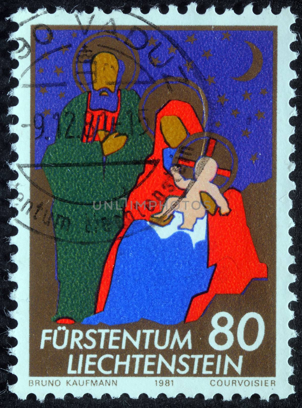 LIECHTENSTEIN - CIRCA 1981: A greeting Christmas stamp printed in Liechtenstein shows Holy Family