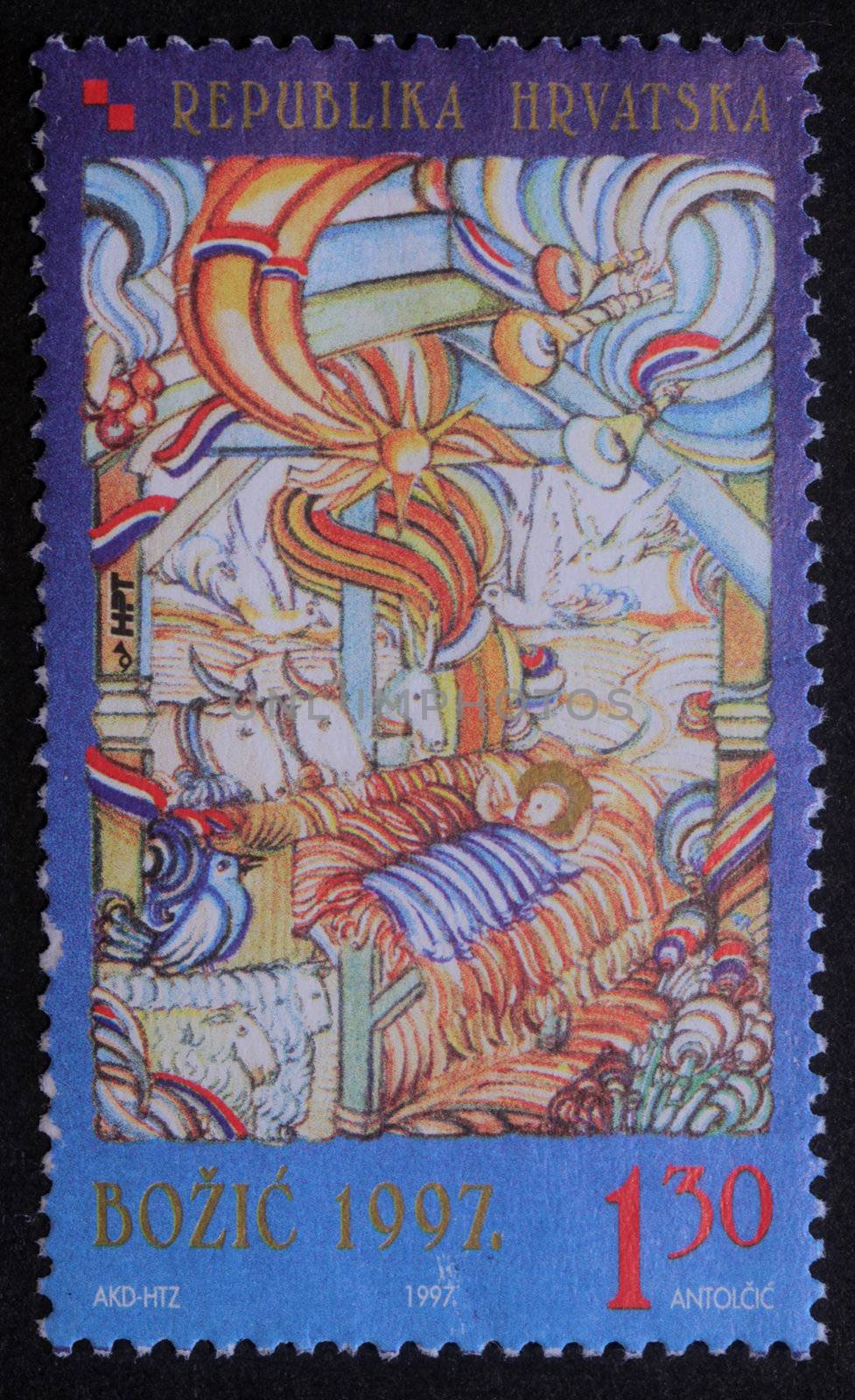 CROATIA - CIRCA 1997: A greeting Christmas stamp printed in the Croatia shows Christmas Creche