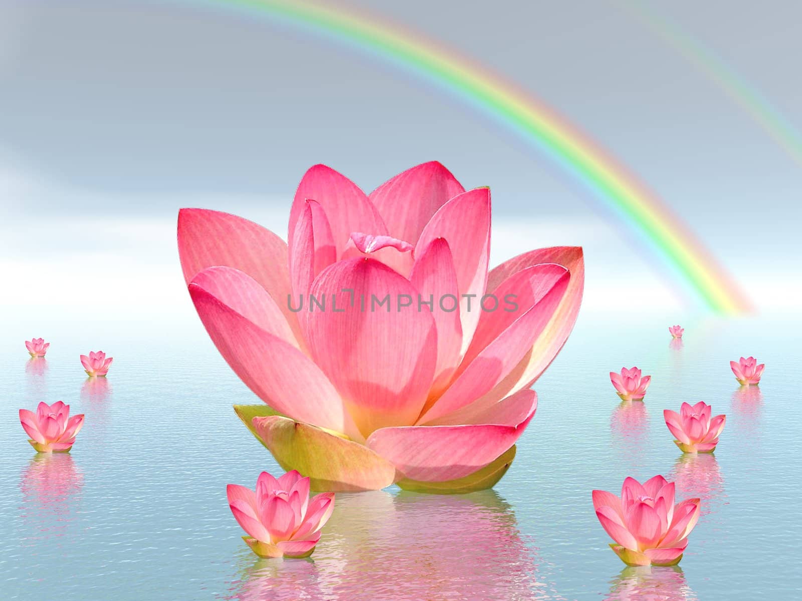 Pink lily flowers on water and under rainbow by beautiful weather