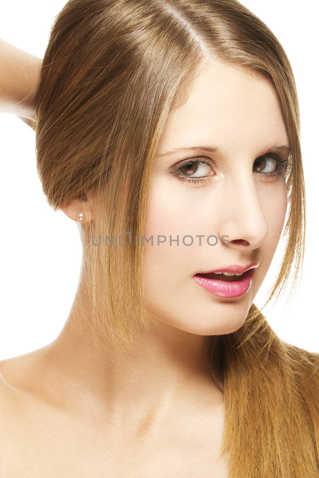 beautiful woman holding her hair to a pigtail on white background