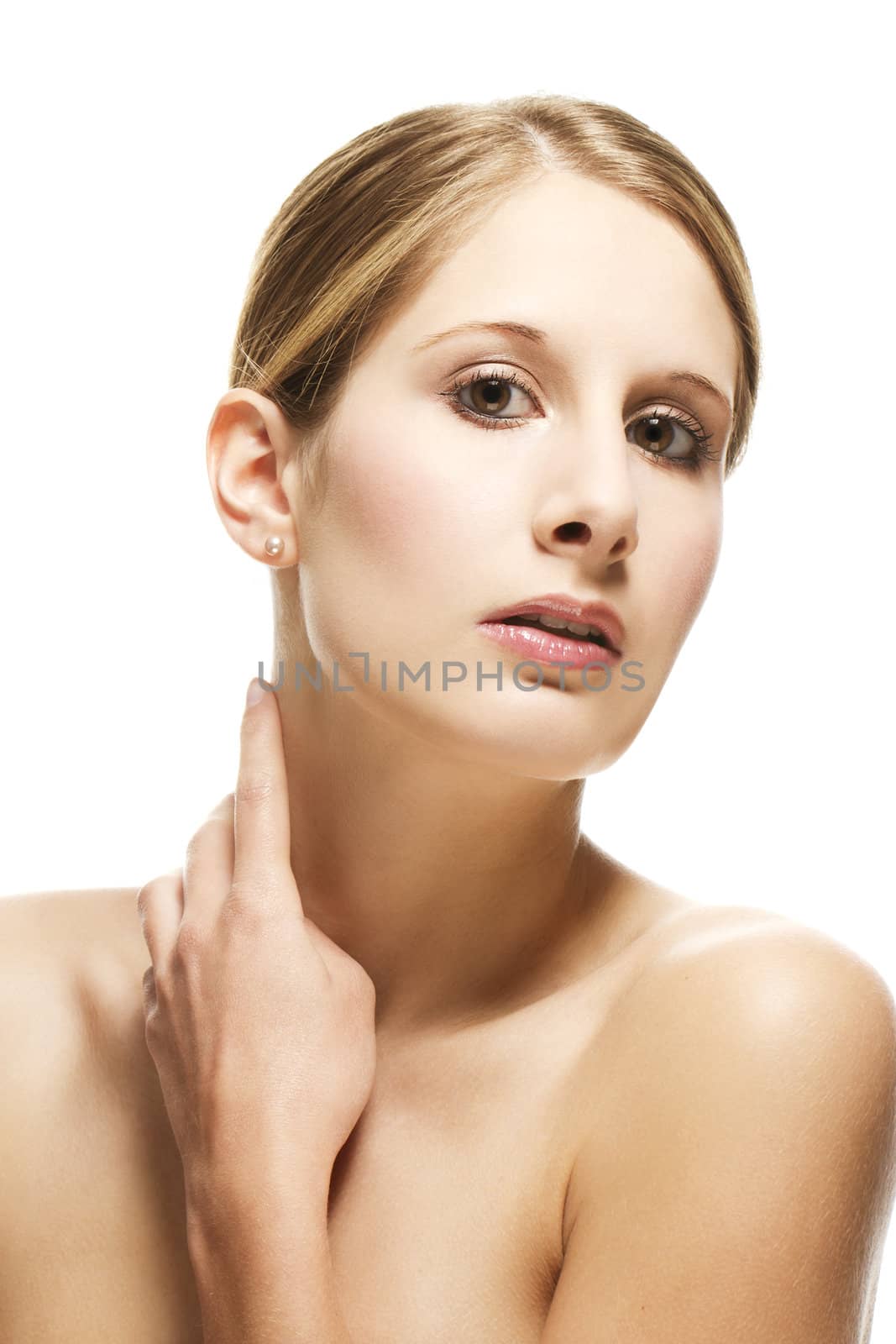 young beautiful woman moving hand to her neck on white background