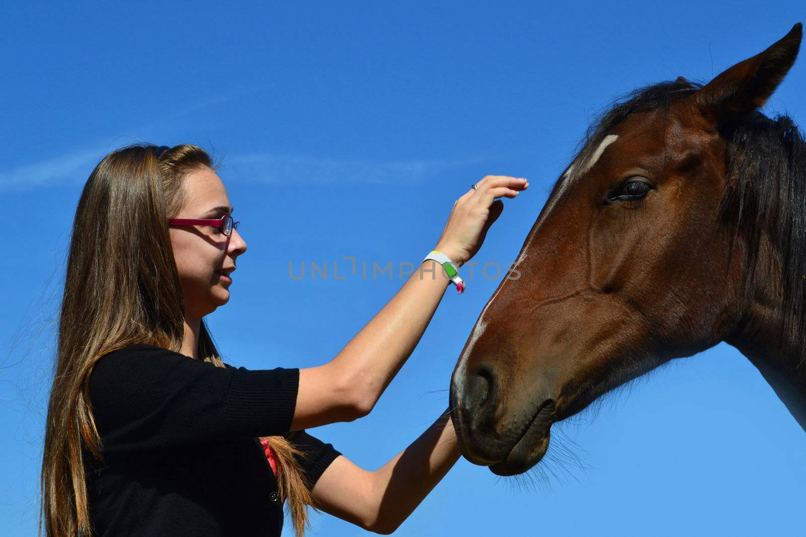 A long haired young woman caressing a brown horse with the sky in the background.