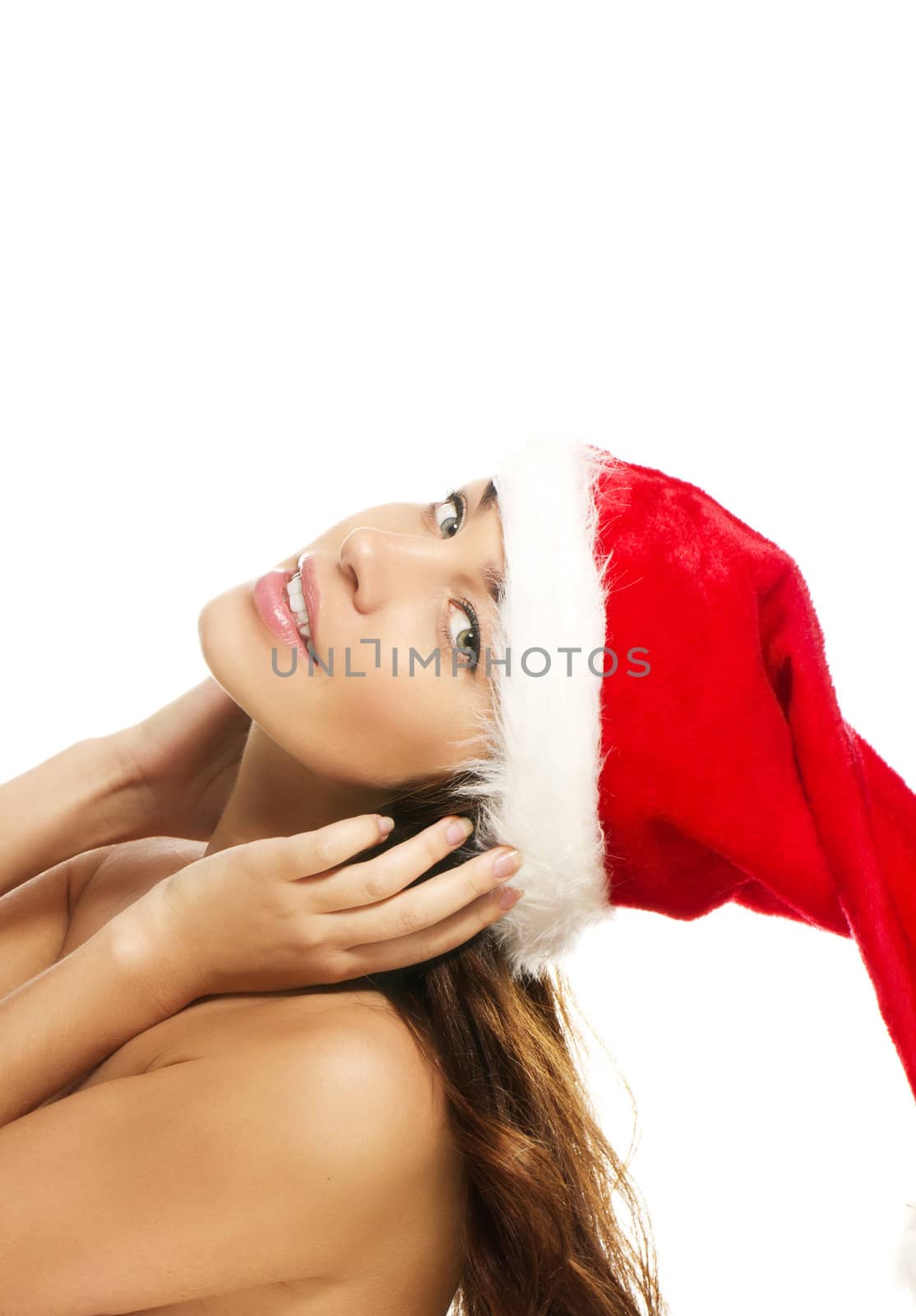 young christmas woman bending head backwards on white background
