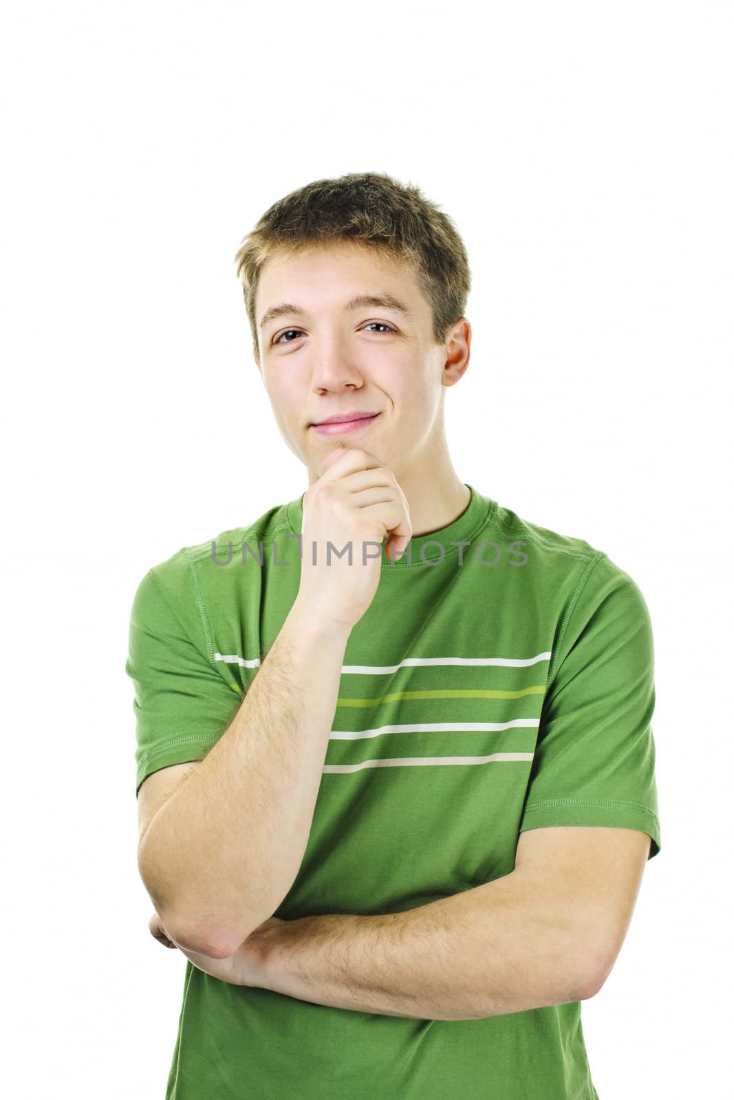 Smiling young man having an idea standing isolated on white background