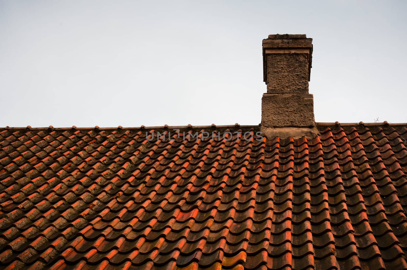 Scandinavian roof tiles texture with chimney in Tallinn, Estonia
