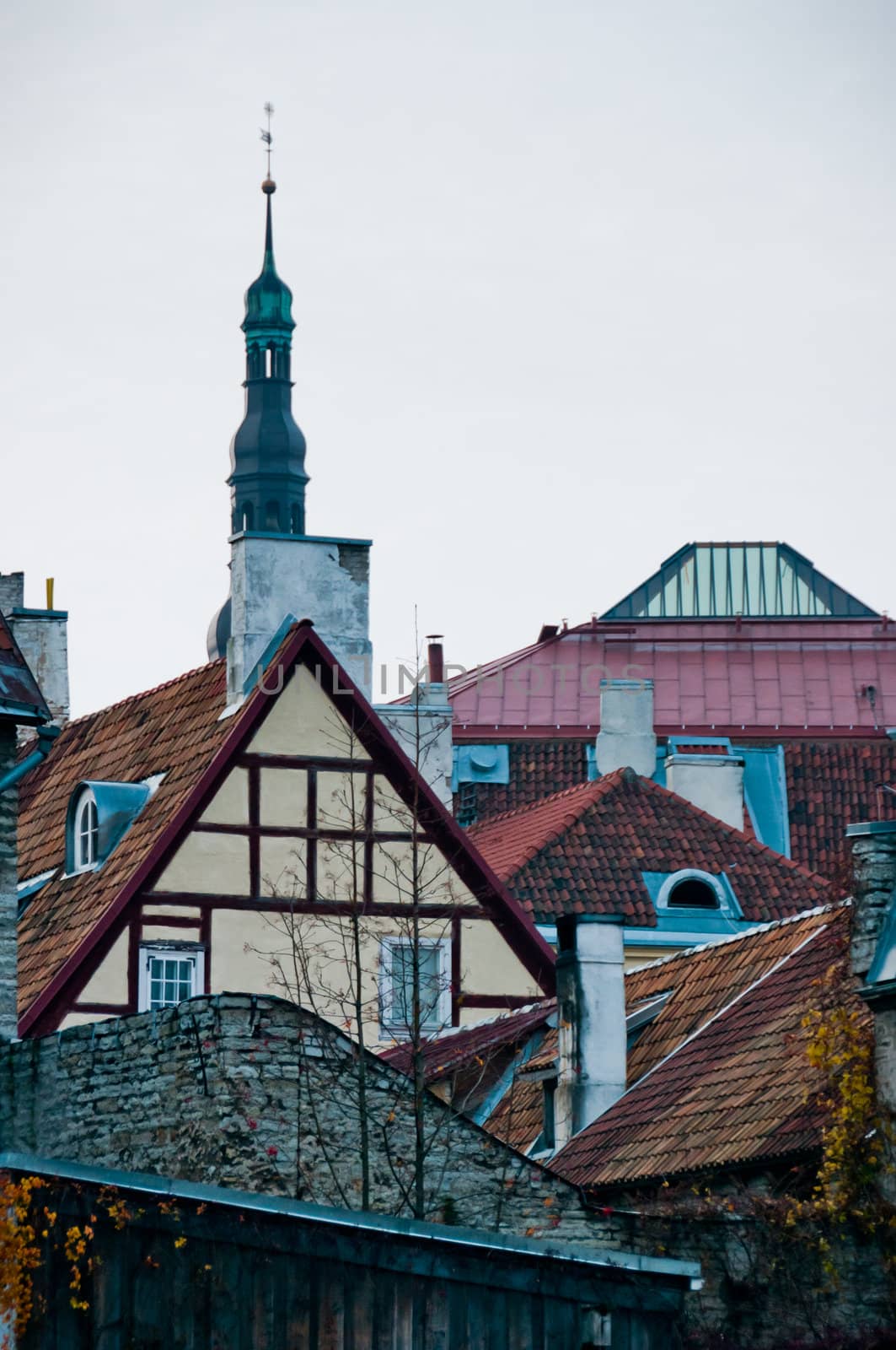 Scandinavian town with houses and spires in Tallinn, Estonia