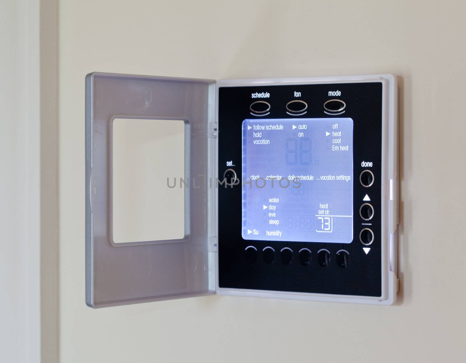 Electronic thermostat with blue LCD screen for controlling air conditioning and heating HVAC