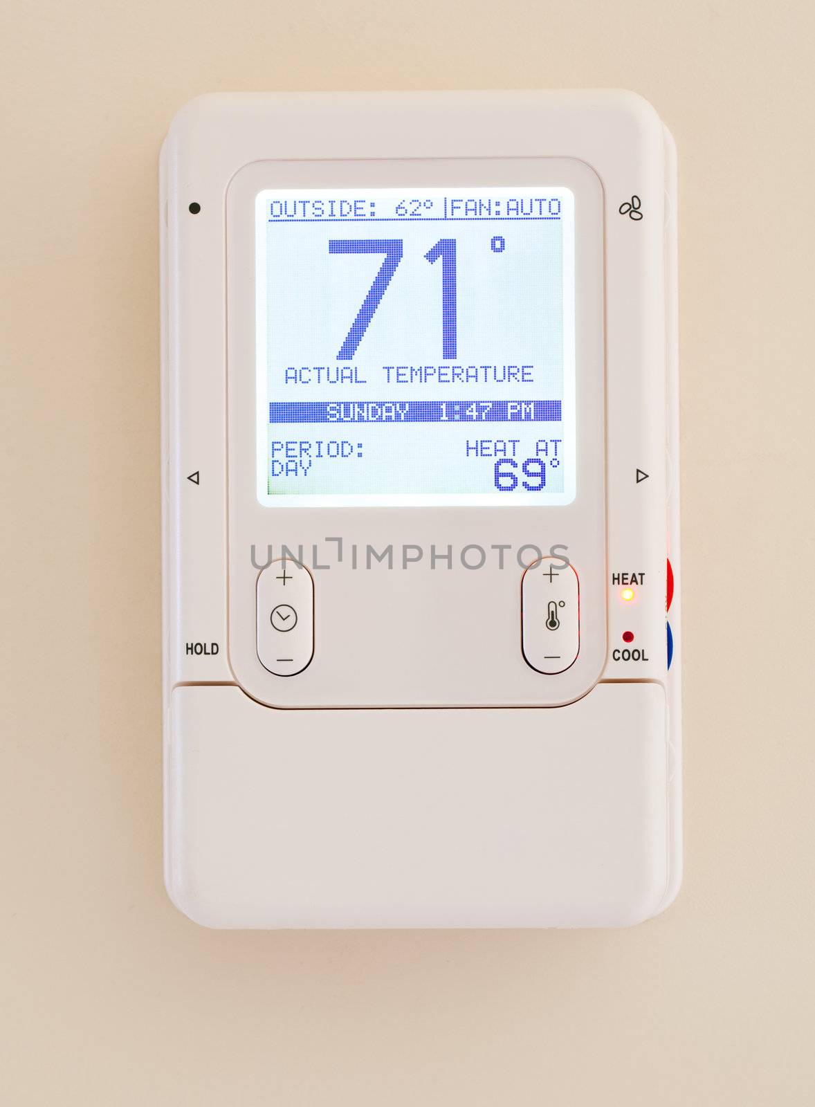 Electronic thermostat with blue LCD screen for controlling air conditioning and heating HVAC