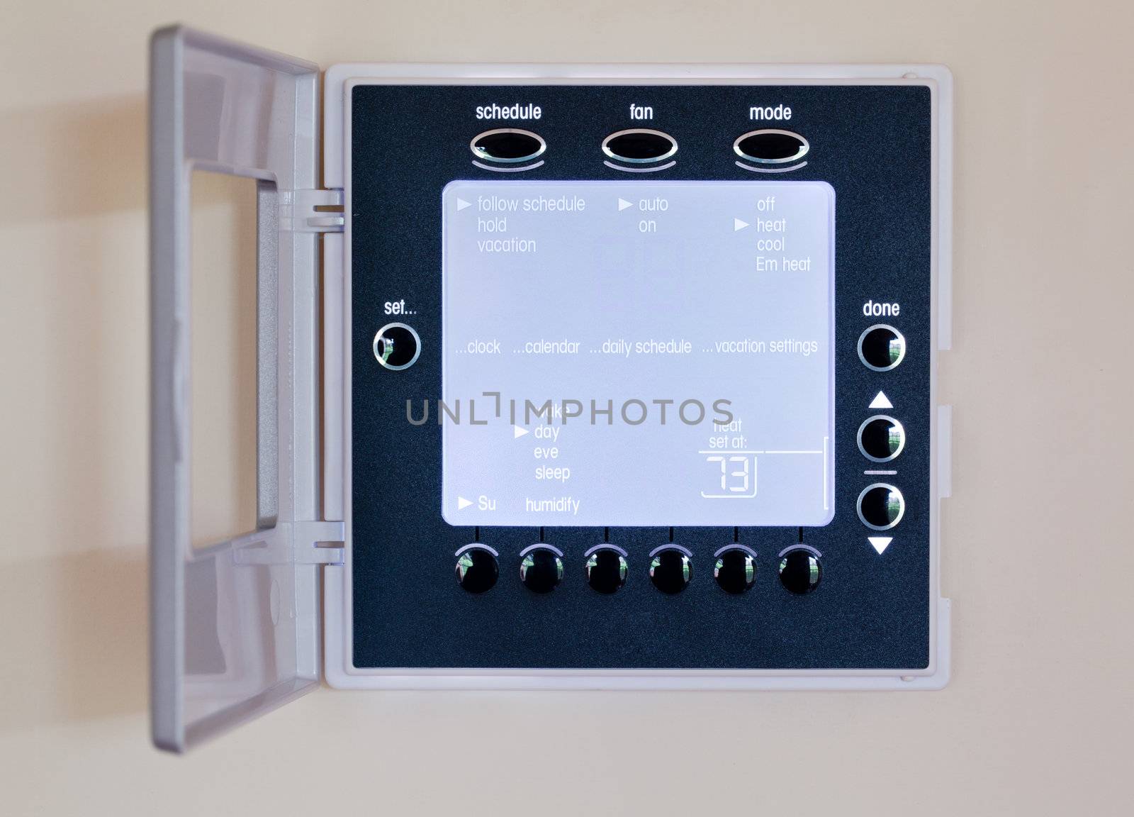 Electronic thermostat with blue LCD screen for controlling air conditioning and heating HVAC