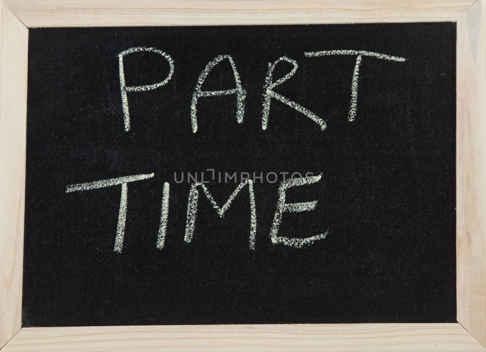 A black board with a wooden frame and the word 'PART TIME' written in chalk.