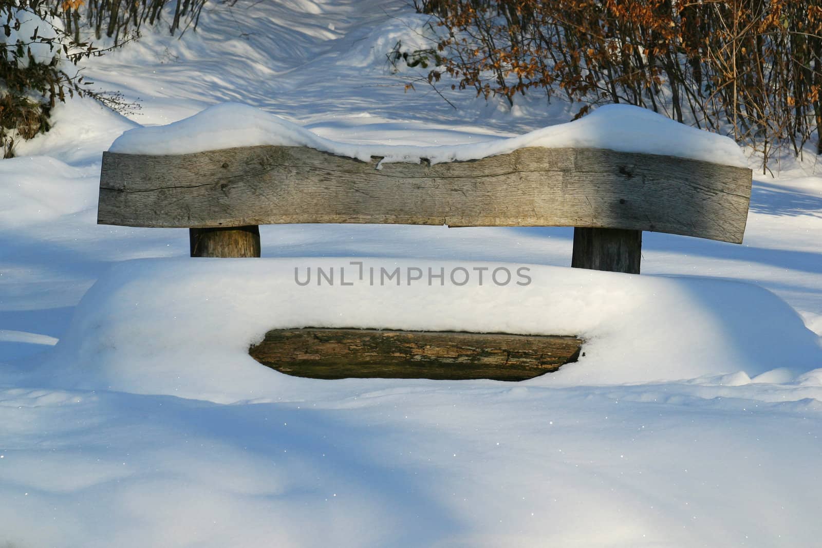 Wooden bench covered with snow