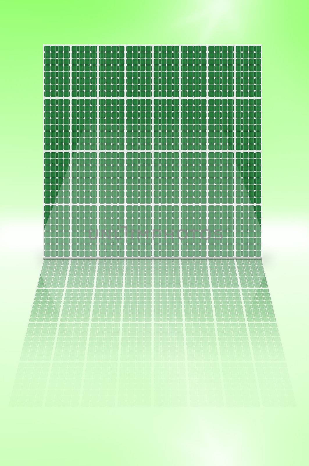 Illustration depicting a vertical array of green photovoltaic solar panels reflecting into a shiny foreground.
