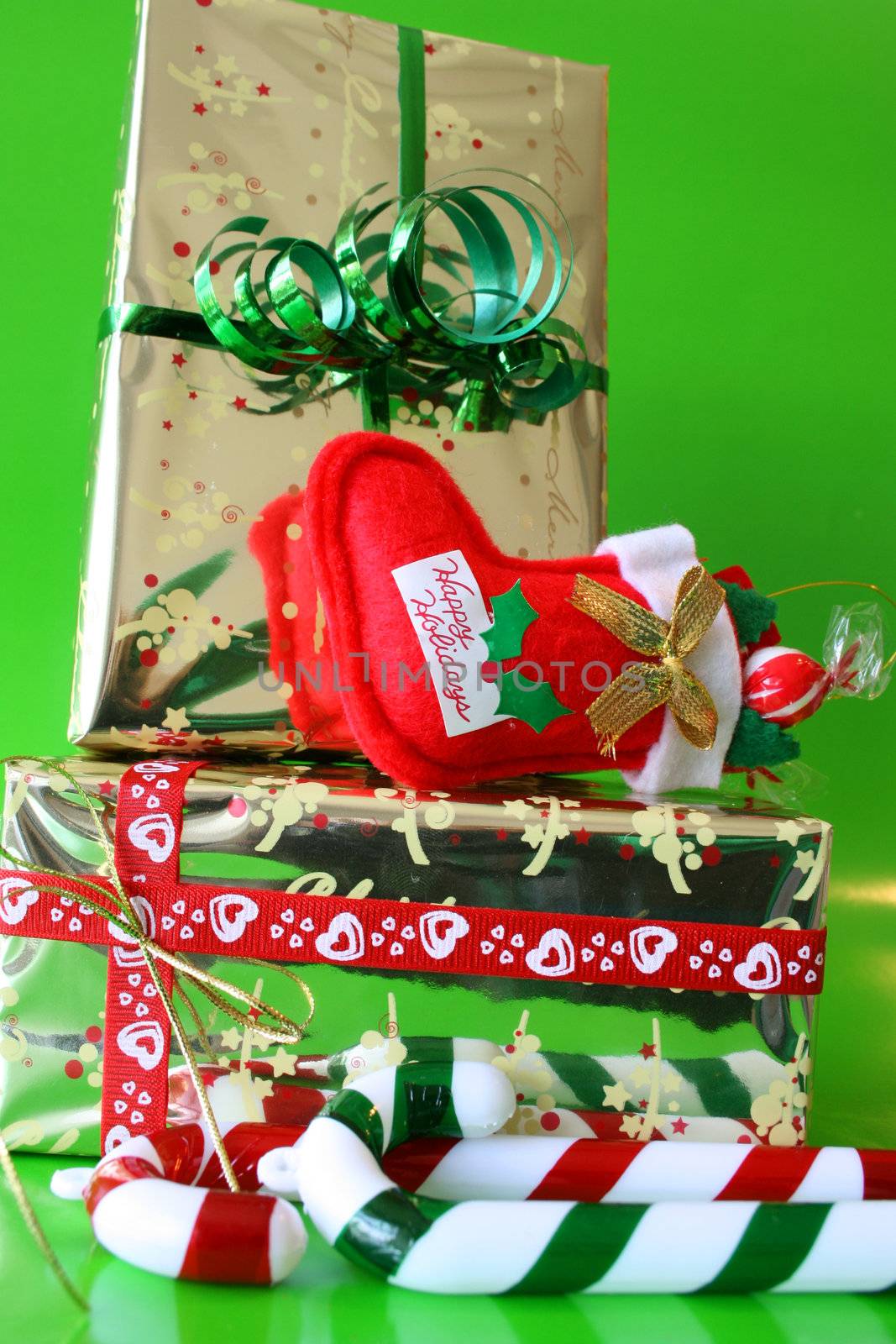 Brightly colored christmas gifts and decorations
