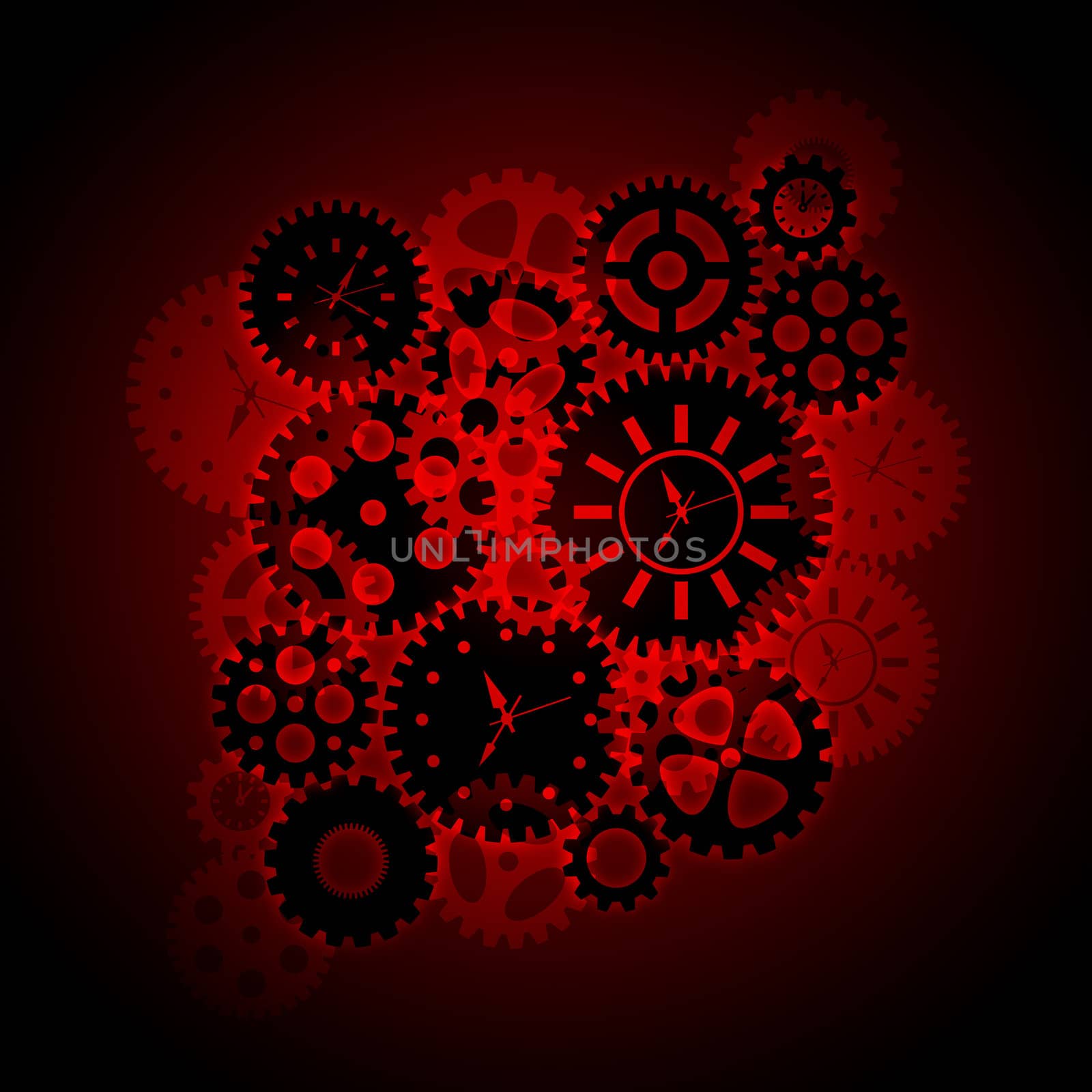Time Clock Gears Clipart Silhouette on Red Background Illustration