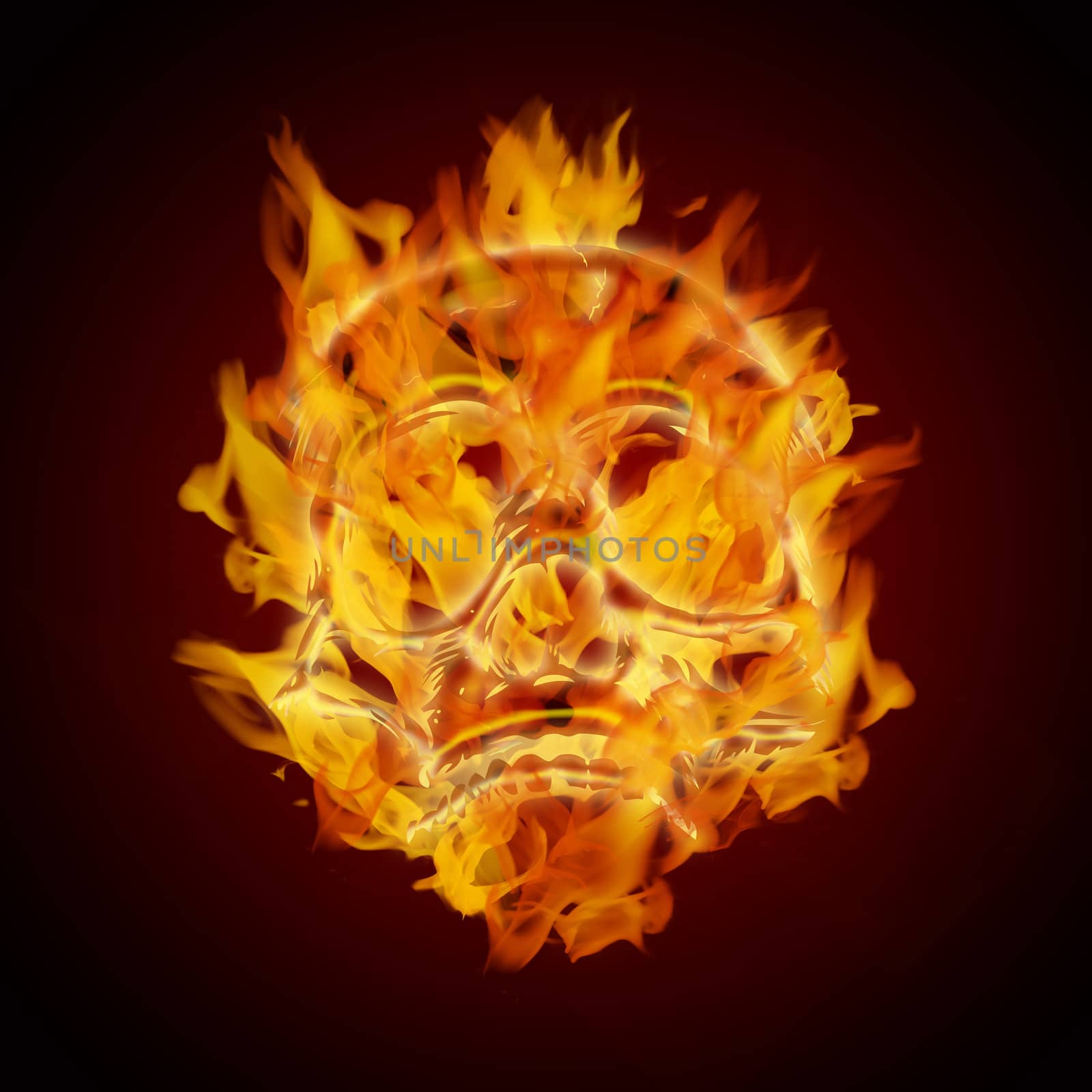 Fire Burning Flaming Skull on Dark Background Illustration
