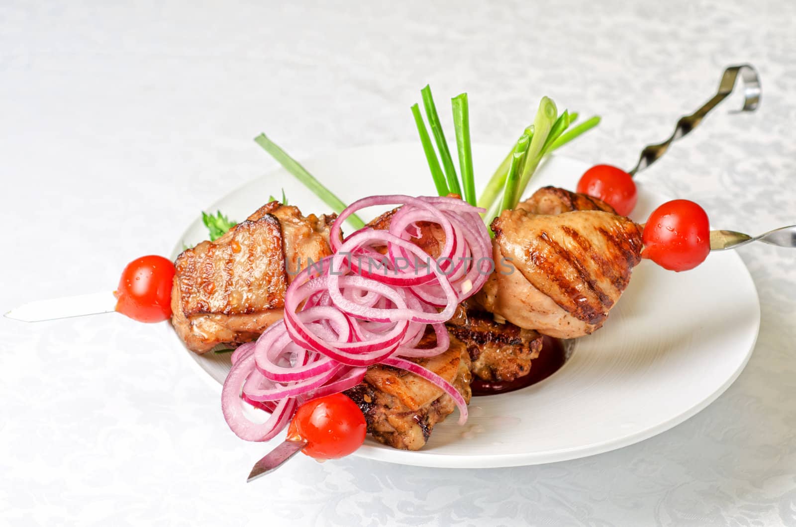 Grilled kebab meat with onion and tomato on a white plate