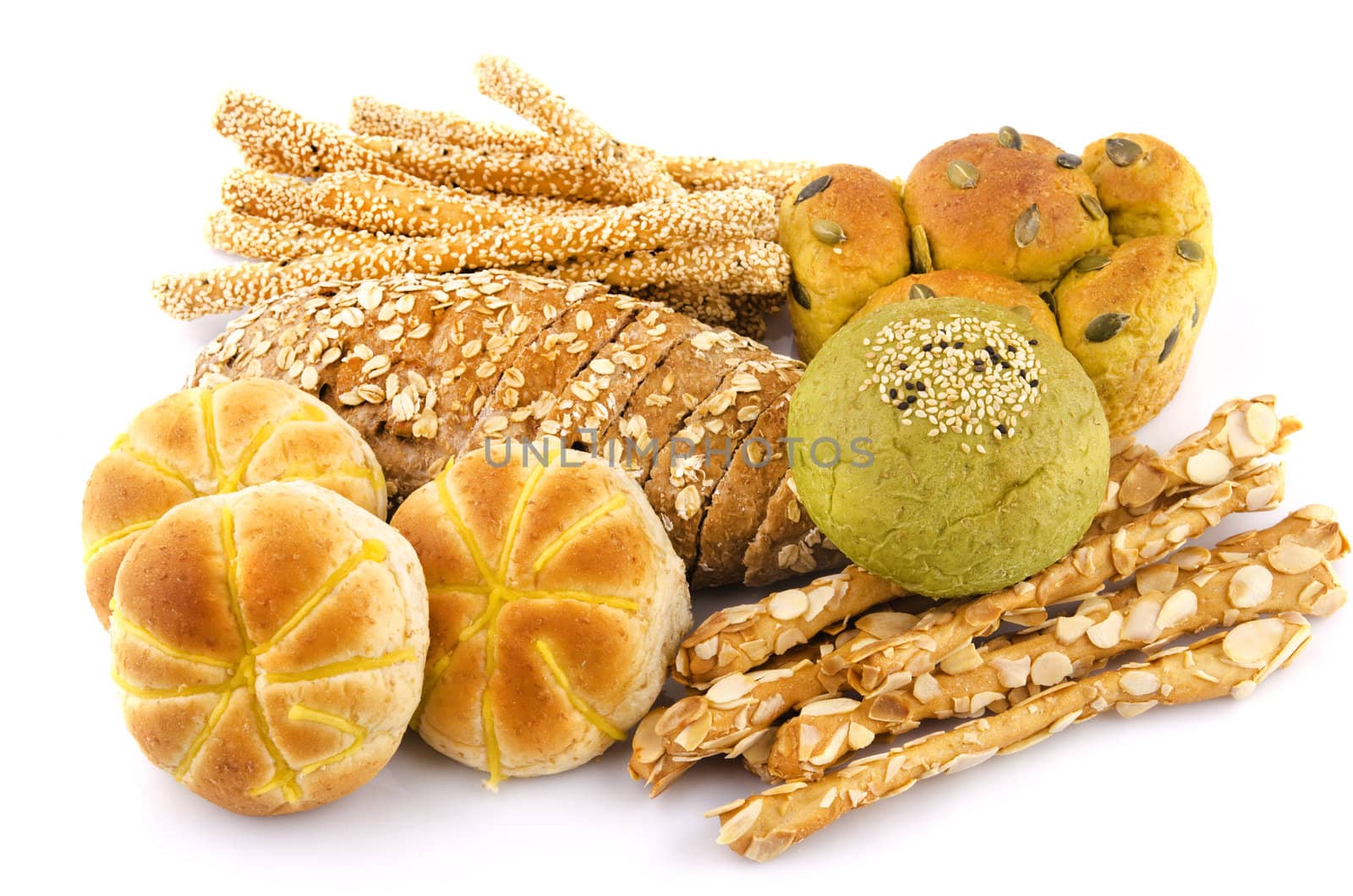 Variety of Organic Breads on white background