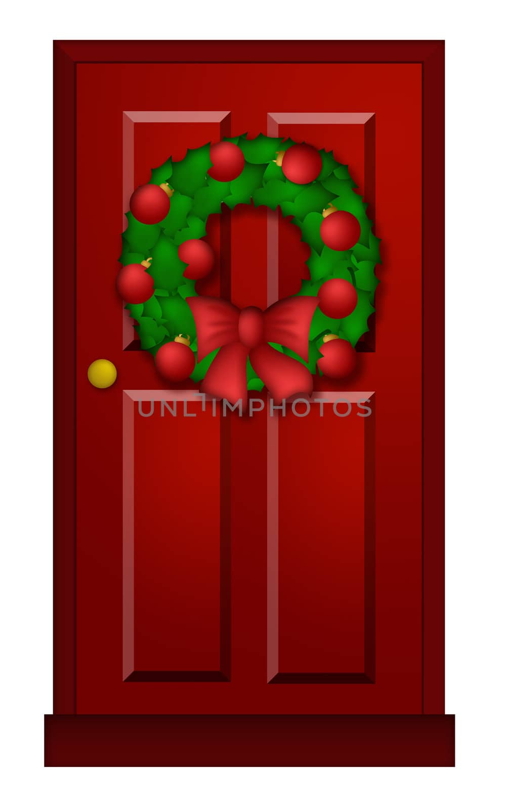 House Red Door with Christmas Wreath Ornaments and Bow Illustration