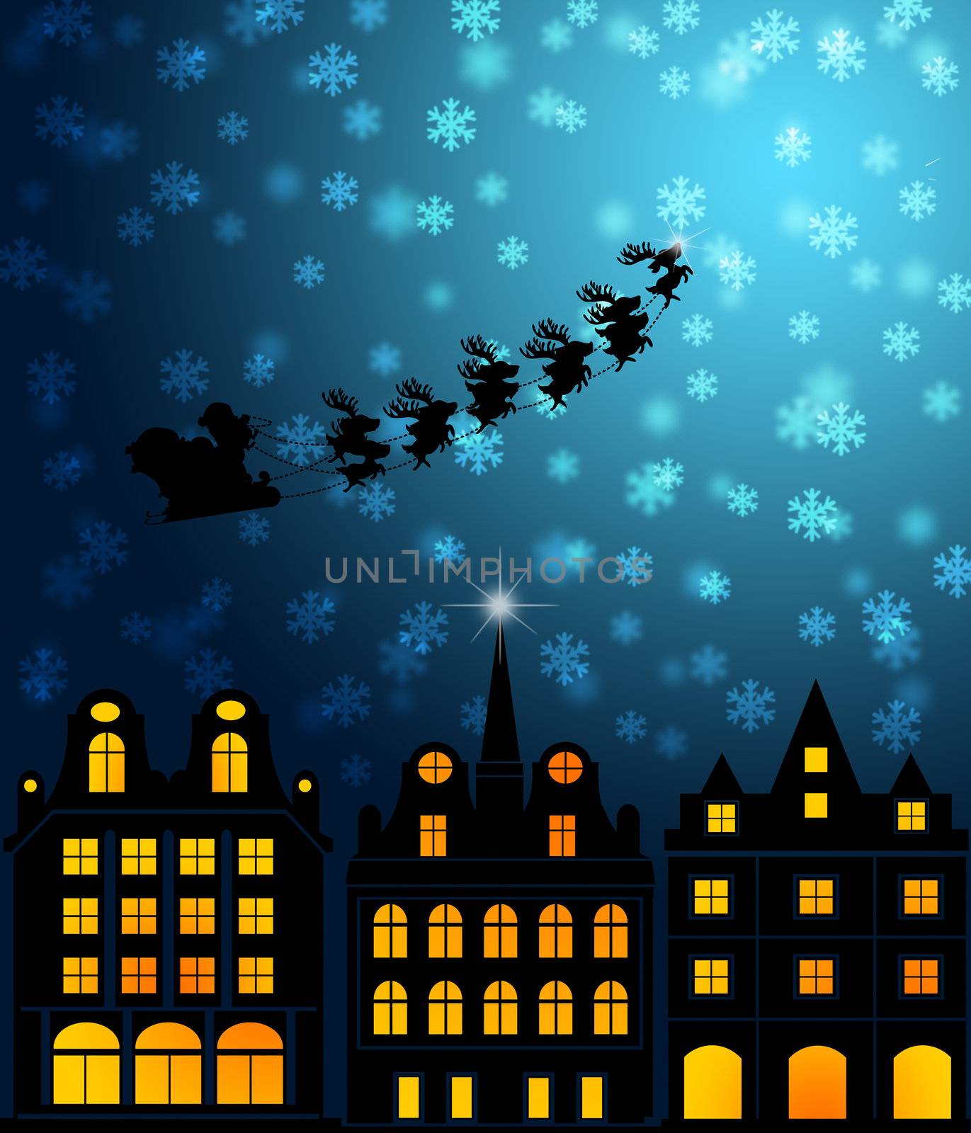 Santa Sleigh Reindeer Flying Over Victorian Houses on Snowy Night Illustration