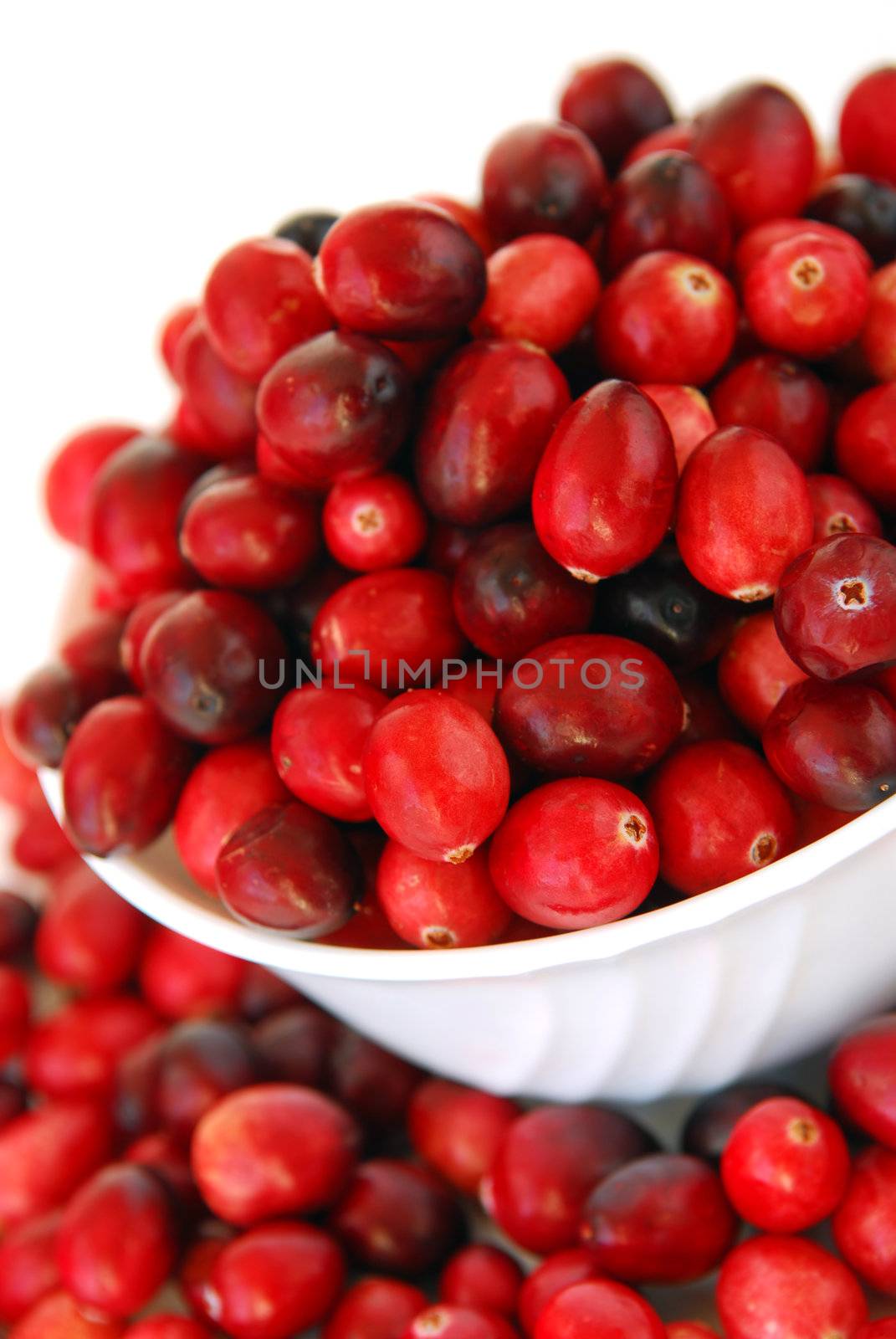 Fresh red cranberries in a glass bowl on white background