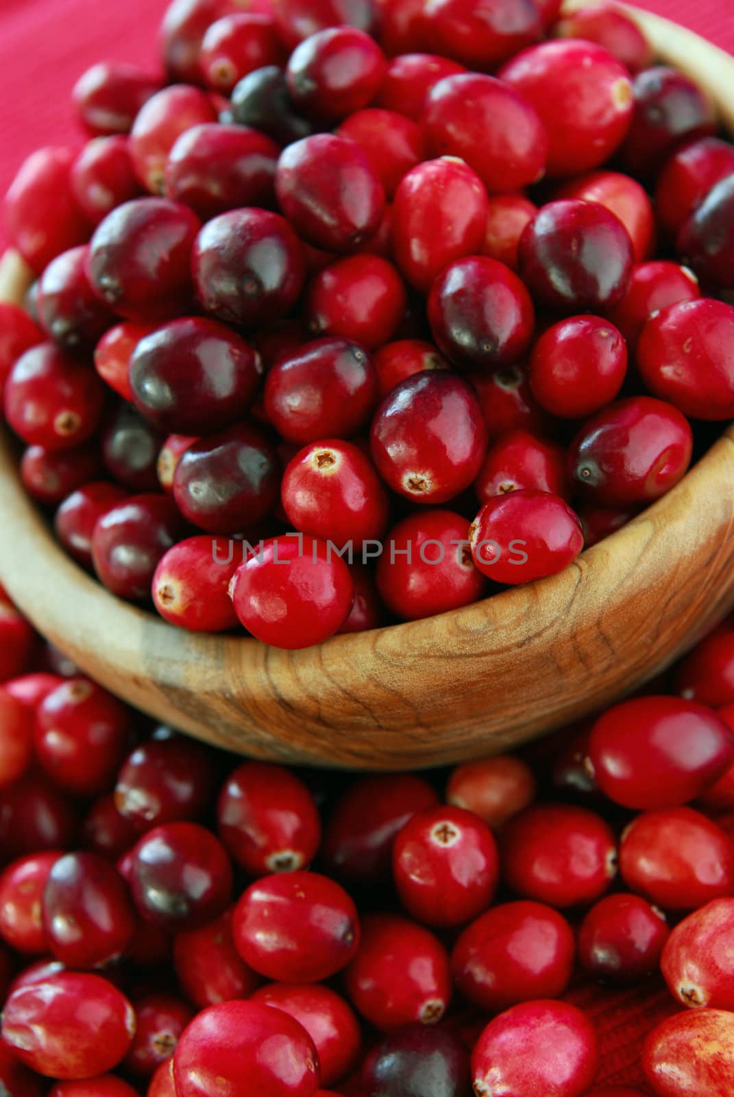 Fresh red cranberries in a wooden bowl