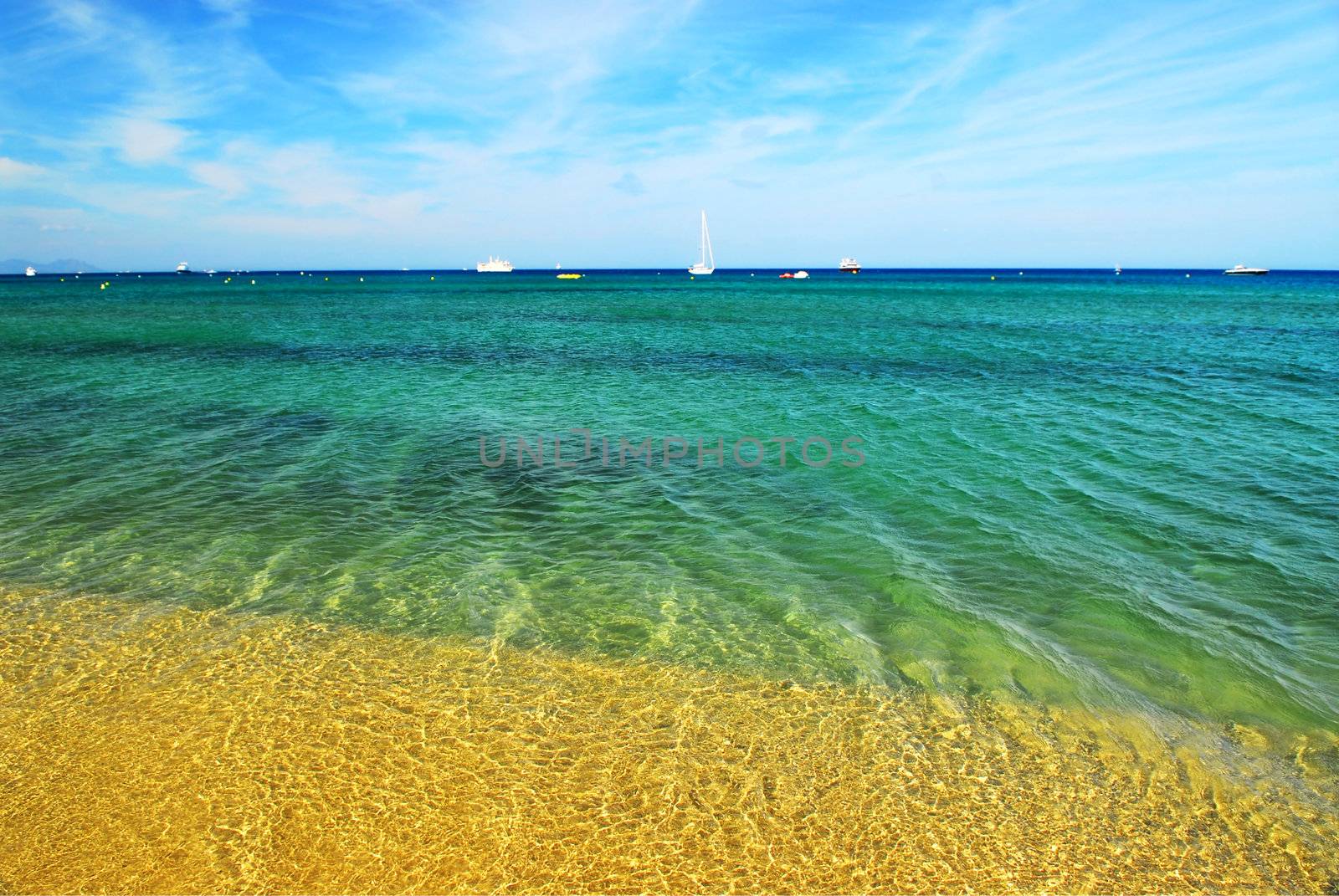 View on Mediterranean sea from famous Pampelonne beach near St. Tropez in French Riviera