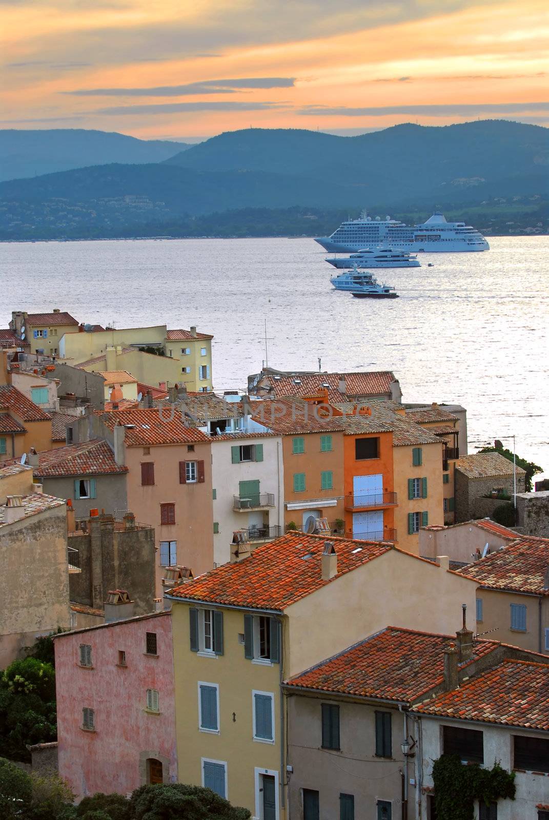 View at St.Tropez and cruise ships at sunset in French Riviera
