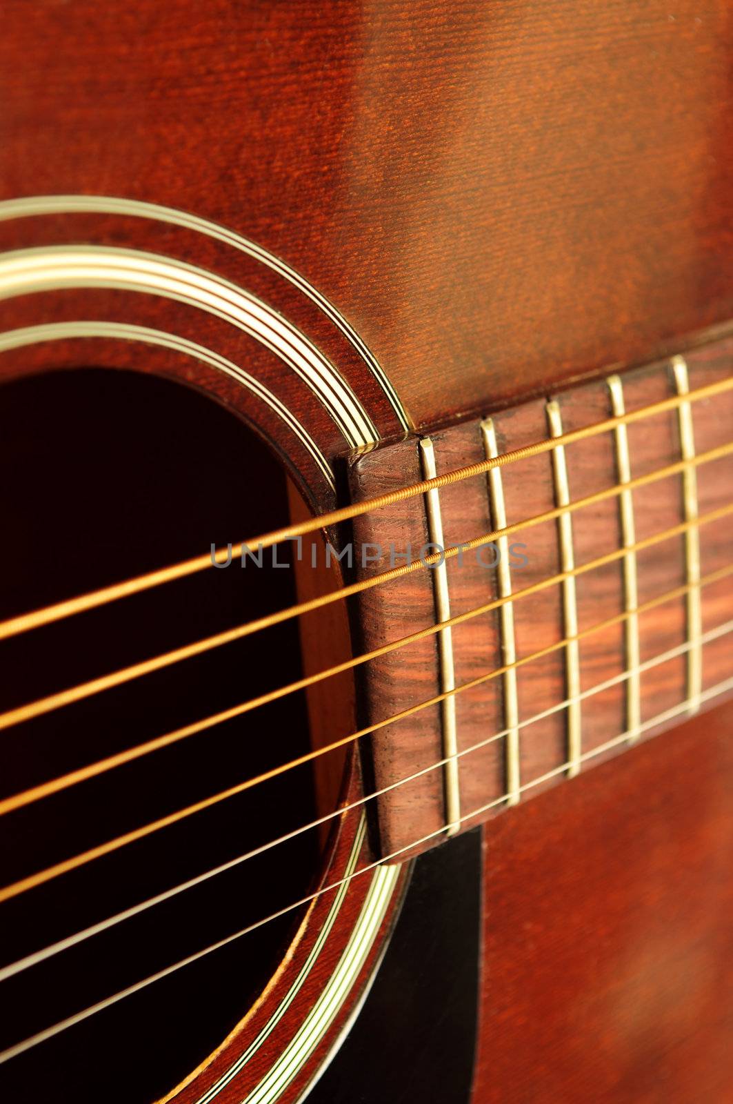 Body of an acoustic guitar close up