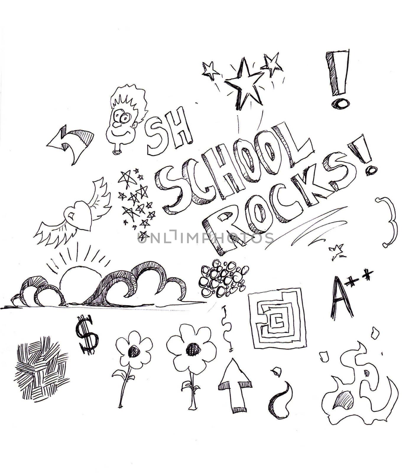hand-drawn doodles with a school theme of arrows, clouds, letters, flowers, and other doodles 