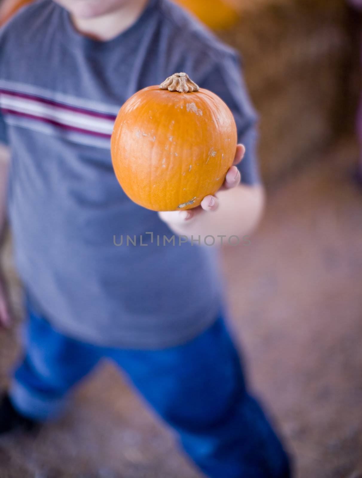 a boy holds up a pumpkin during halloween while standing up 