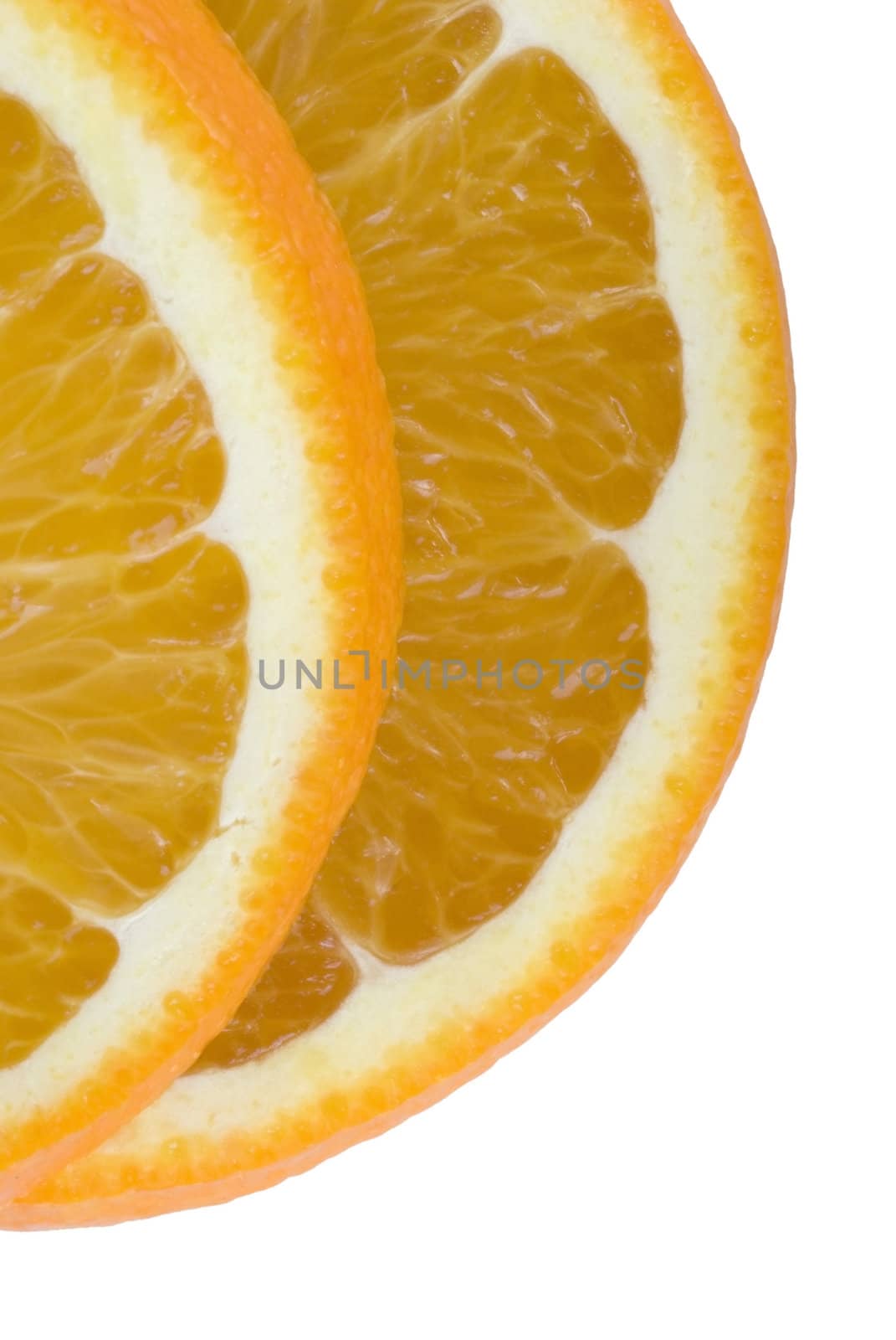 two slices of orange on a white backdrop