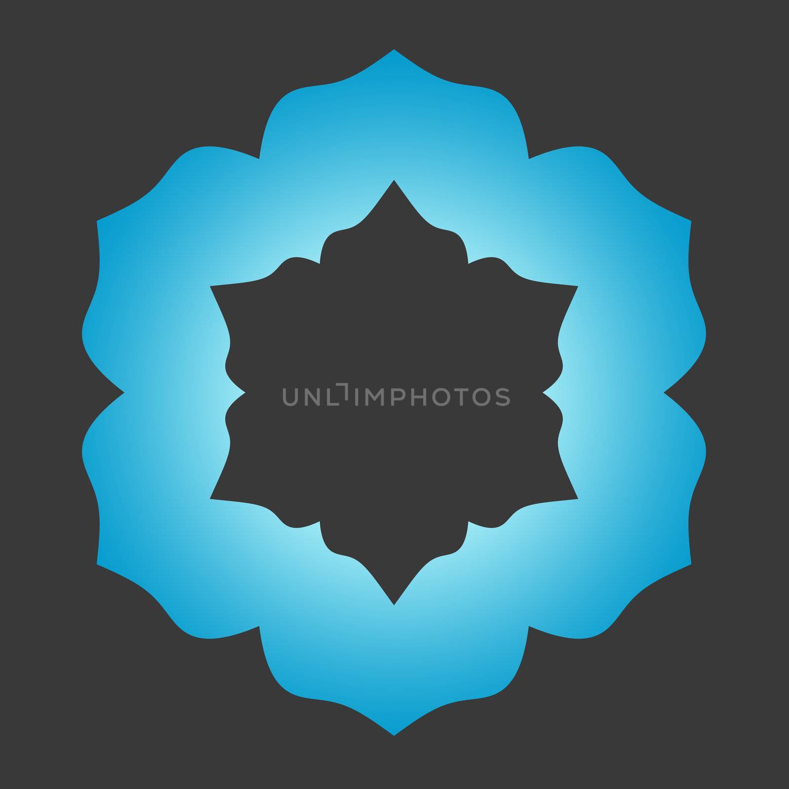 An abstract illustrated logo in shades of blue on a gray background.