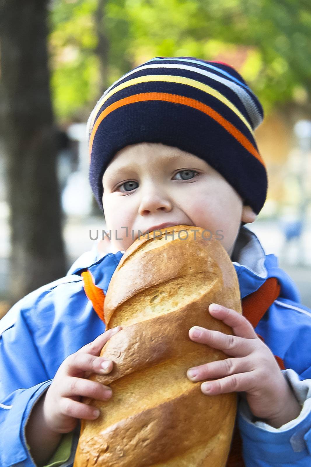 The kid eats bread during autumn walk in the park