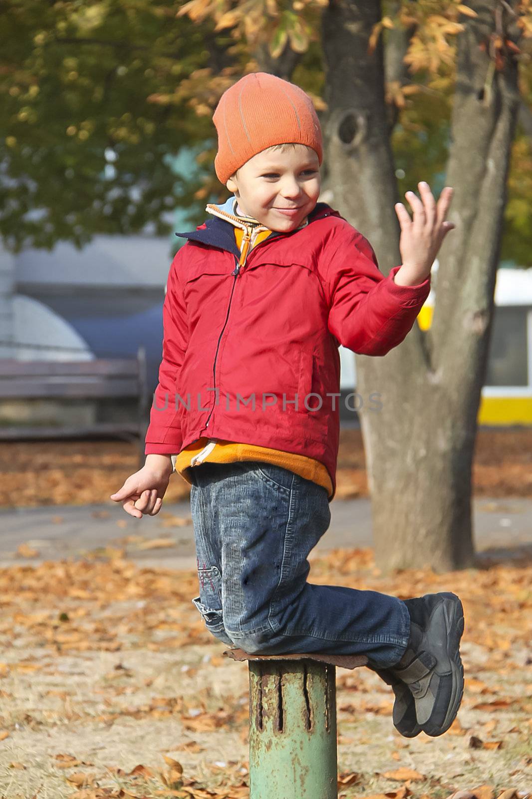 Cheerful babe posing, playing in autumn park by NickNick