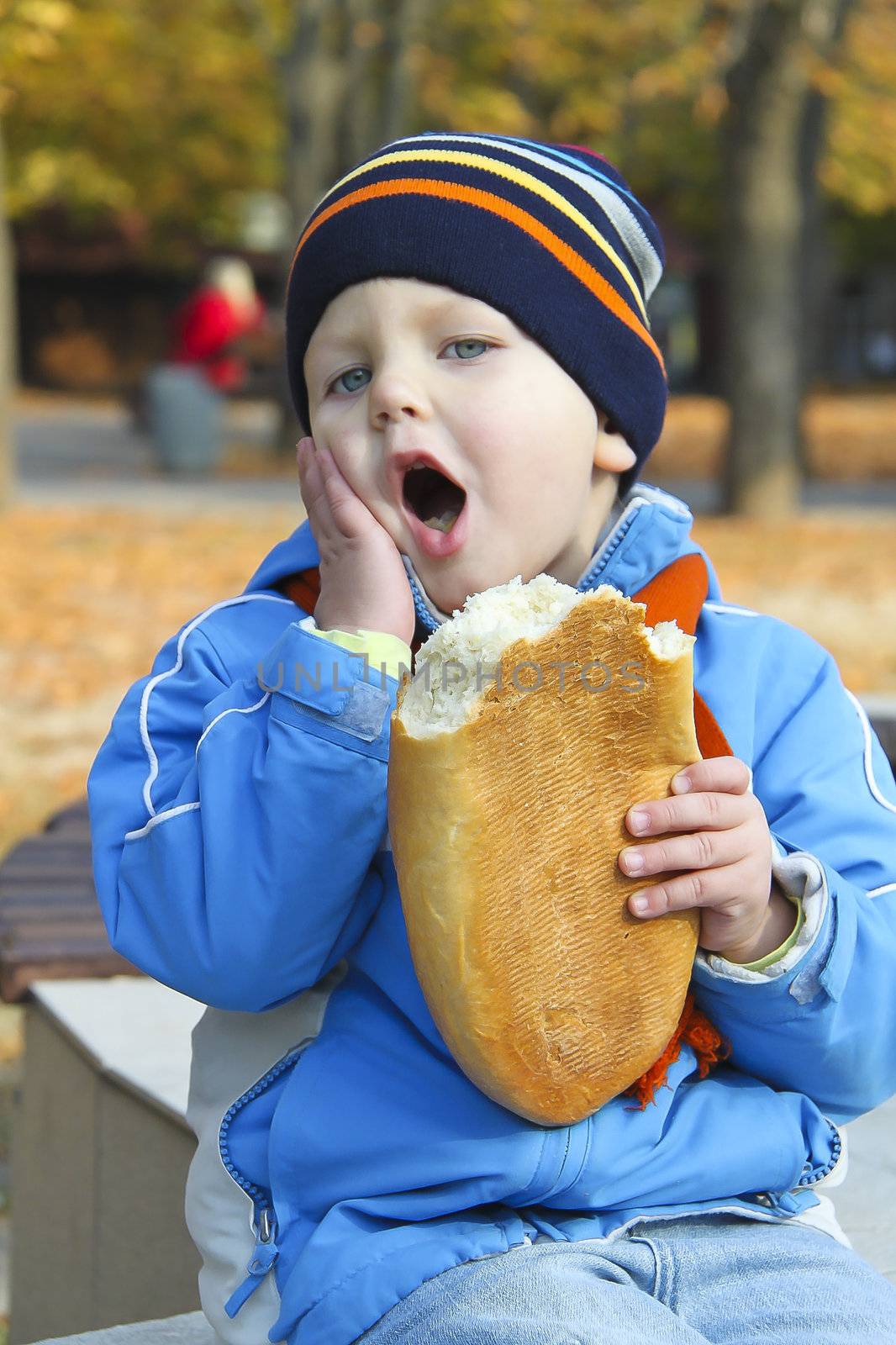 Baby with one hand holding his cheek in his other hand holds the bread. Walk in the autumn park