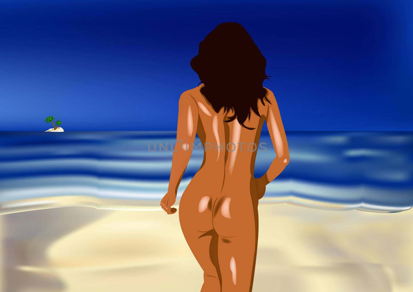 The sexual young suntanned girl runs on a beach to the azure sea
