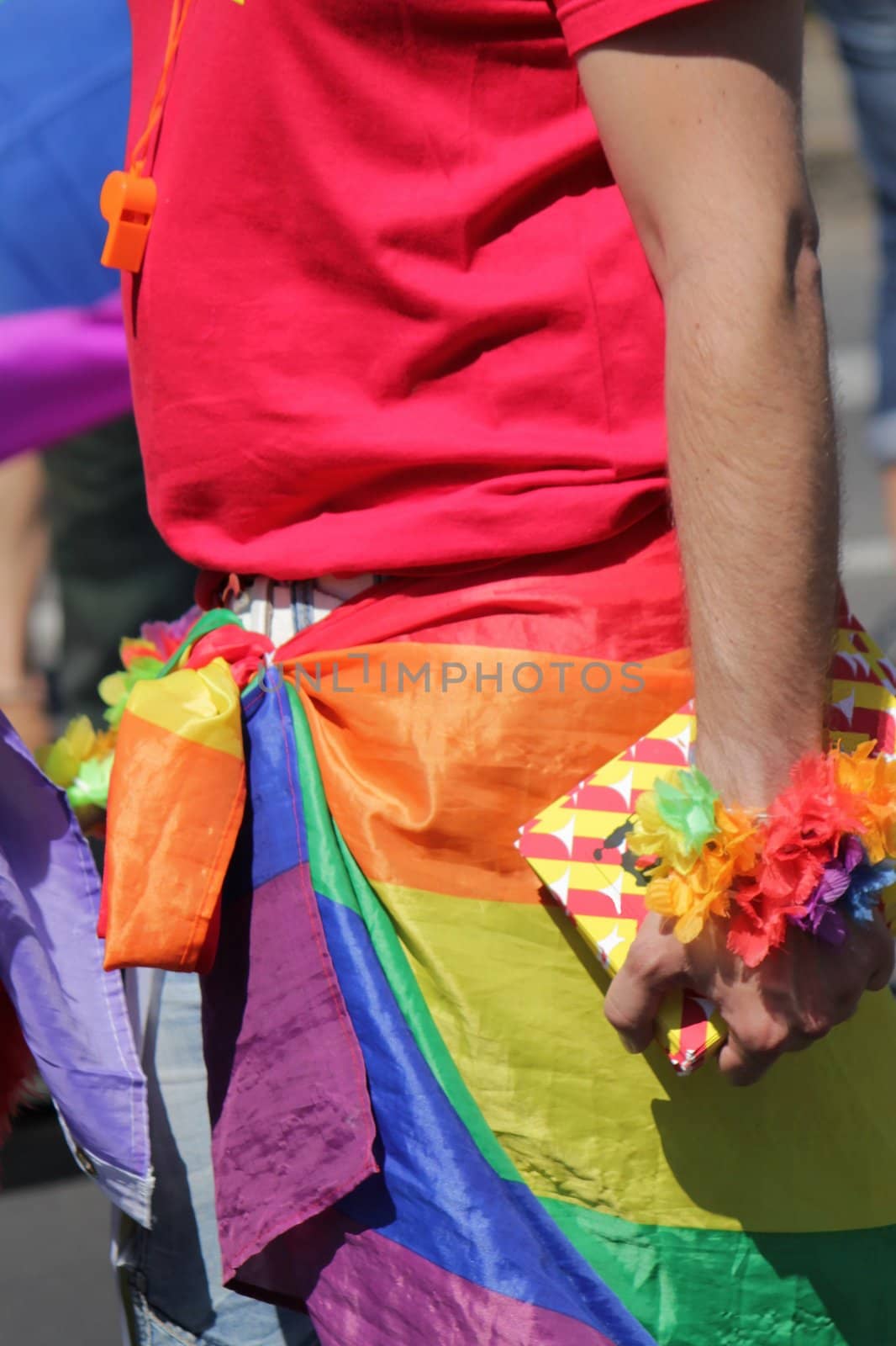 Person wearing colored clothes and a rainbow flag at the Gaypride