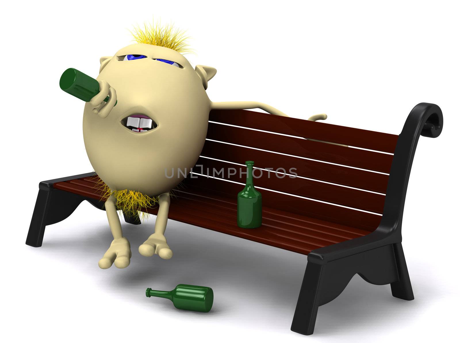 Haired drunkard puppet sitting on park bench by vetdoctor