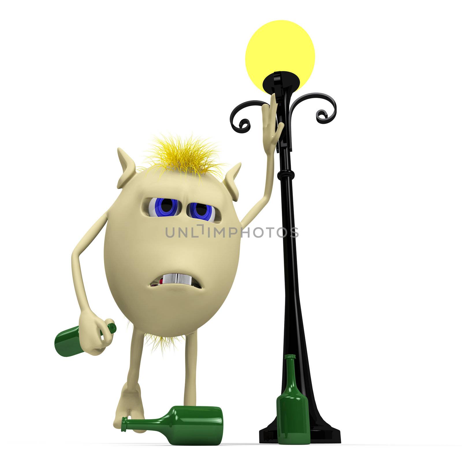 Yellow haired drunkard puppet standing near metal latern
