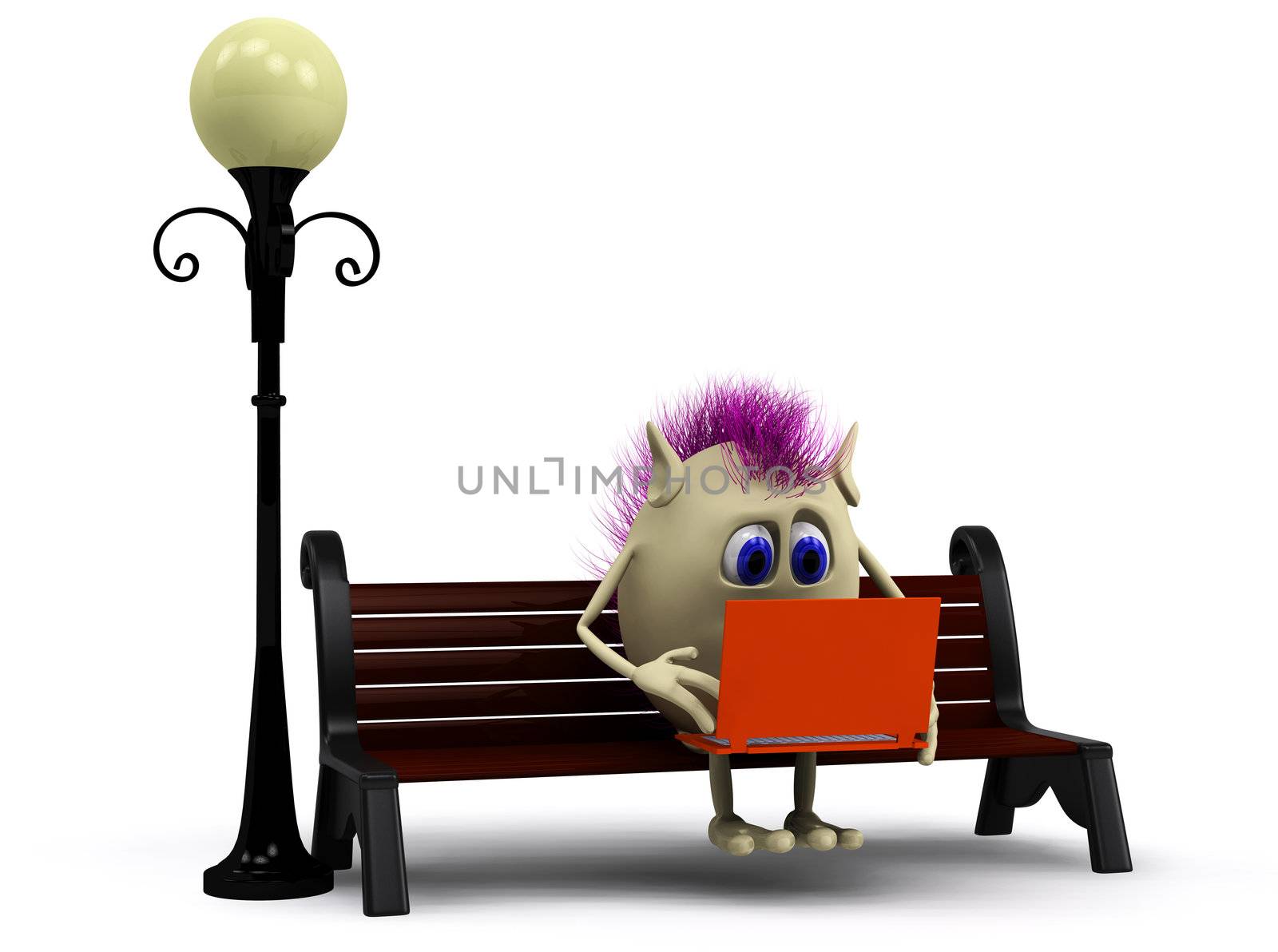 Haired puppet using orange laptop on bench by vetdoctor